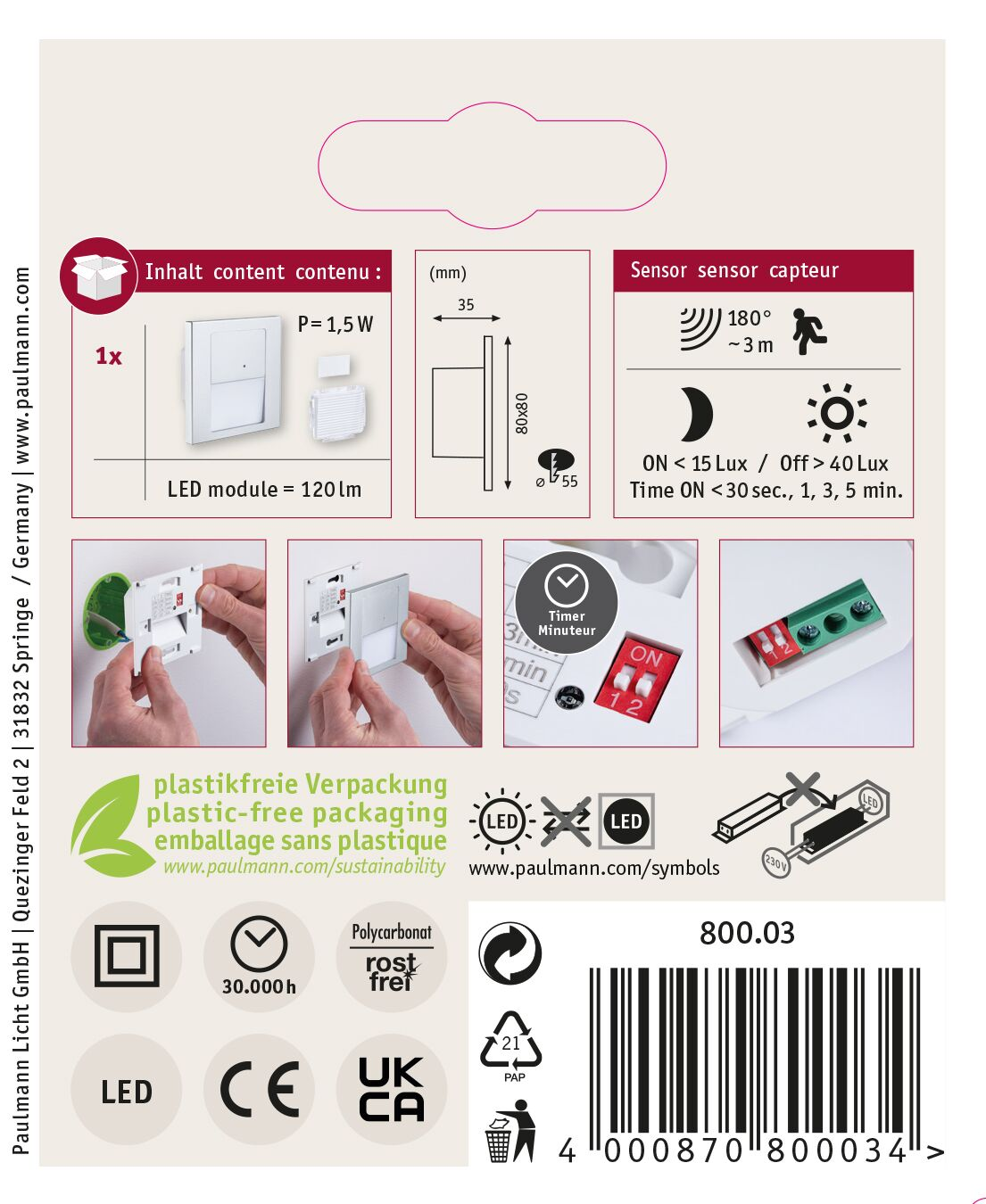 Produktverpackung mit Bildern eines Lichtschalters, Diagrammen, Symbolen und Text in mehreren Sprachen.