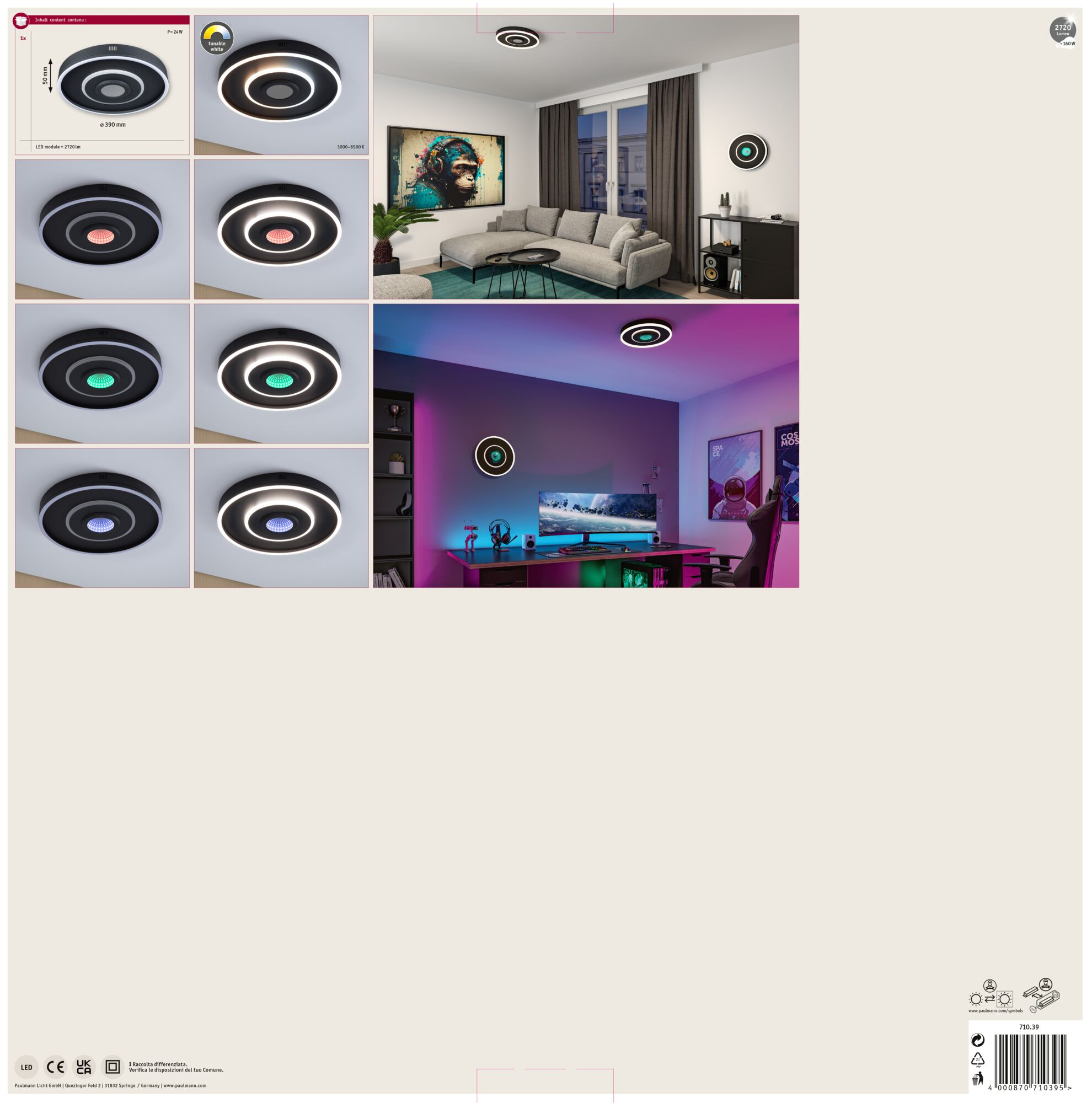 Okrągła lampa sufitowa z diodami LED zmieniającymi kolor. Prezentacje w różnych pomieszczeniach. Pokazano również specyfikacje produktu.