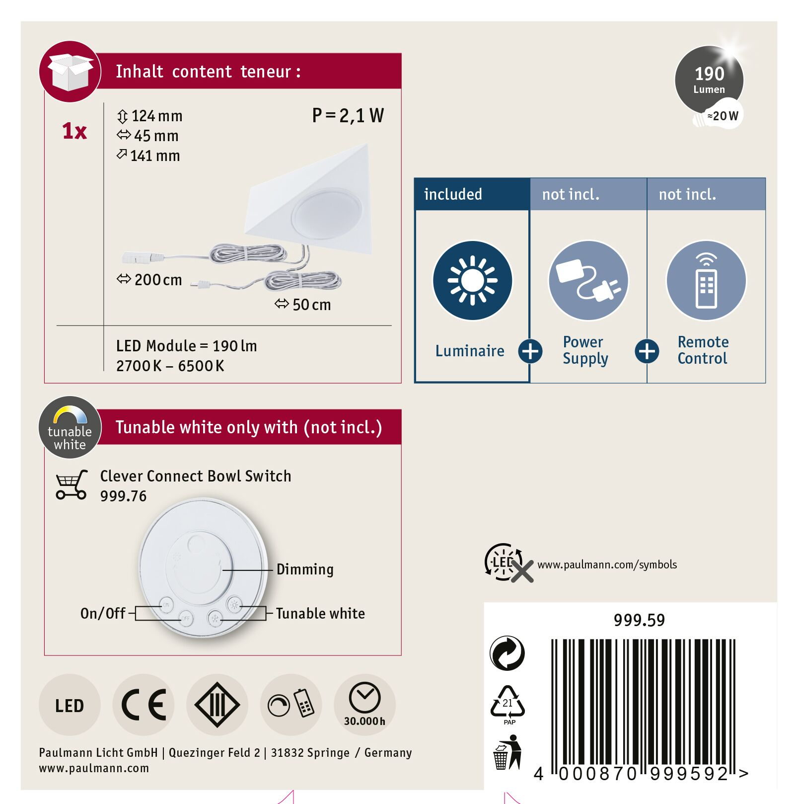 Schemat białej lampy LED z dołączonymi komponentami i przełącznikiem sterowania. Podano szczegóły dotyczące mocy i lumenów.