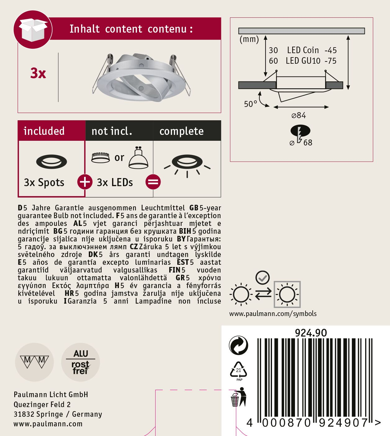 Produktverpackung mit Text und Diagrammen, die die enthaltenen Strahler, LEDs und technischen Daten veranschaulichen.