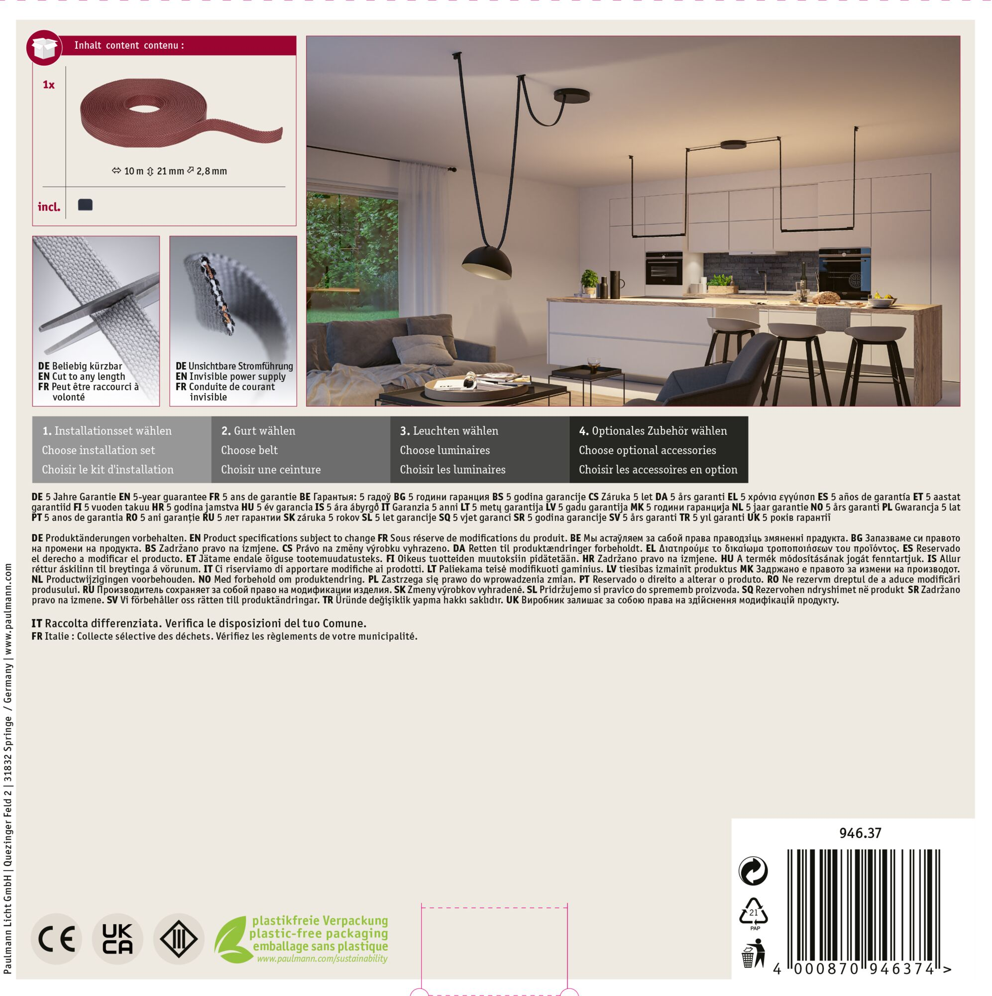 Produktbox mit roter Kabelrolle, Schere und Nahaufnahme des Kabels.