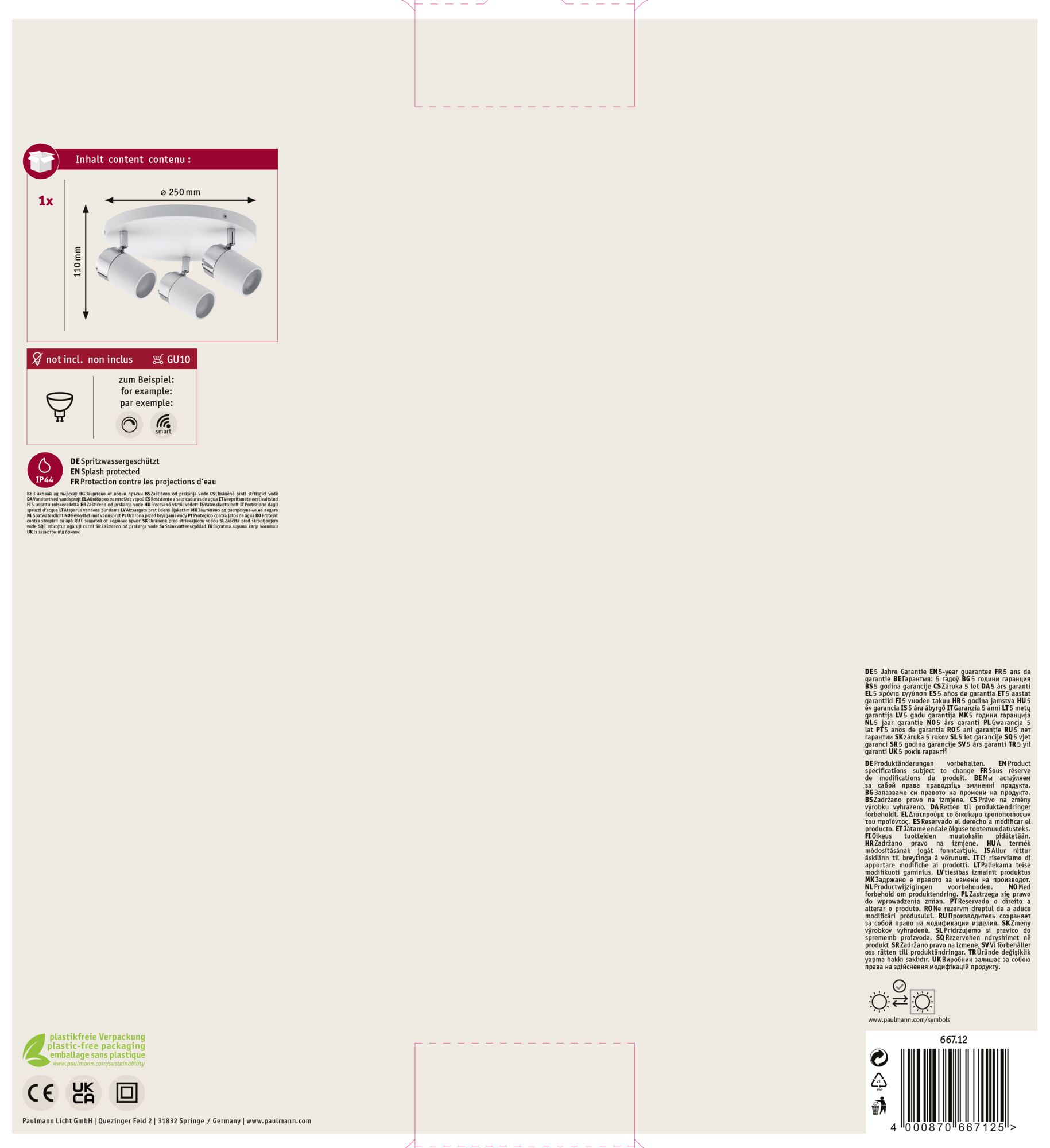 Biała lampa sufitowa z trzema regulowanymi reflektorami, informacje o produkcie i logo.