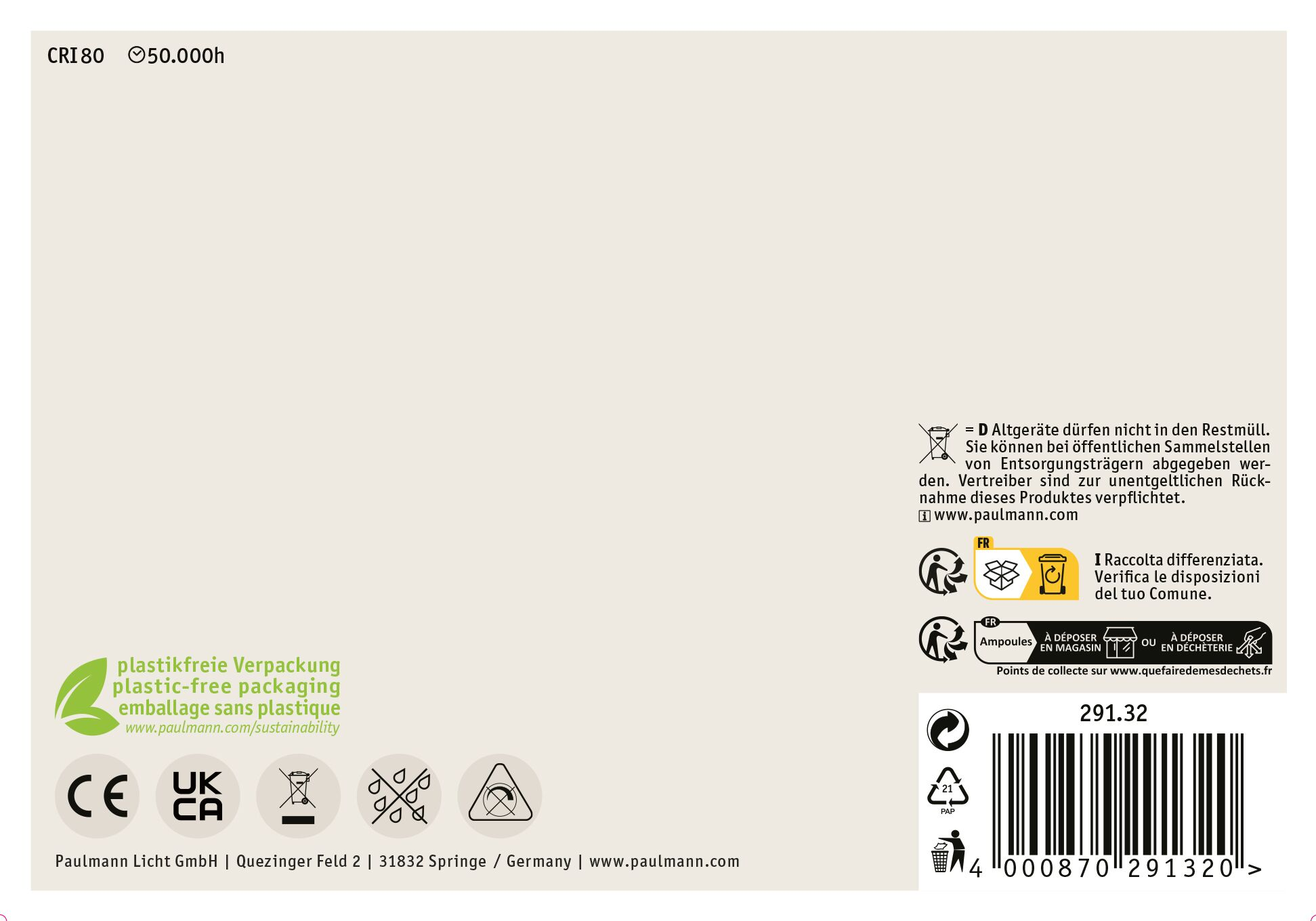 Verpackung mit Recycling-Symbolen, Text und Barcode. Es steht 'plastikfreie Verpackung' und Kontaktinformationen.