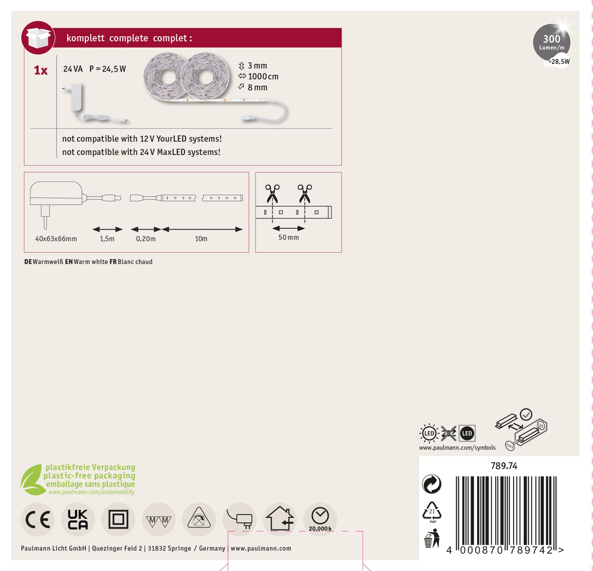 Etykieta produktu pokazuje paski LED. Zawiera wymiary, szczegóły zasilania i ostrzeżenia dotyczące kompatybilności.