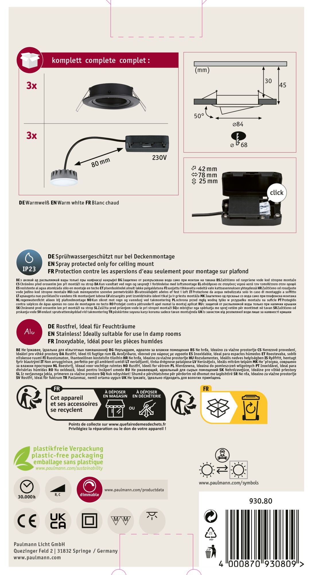 Białe i czarne opakowanie produktu ze szczegółami produktu i informacjami o recyklingu.