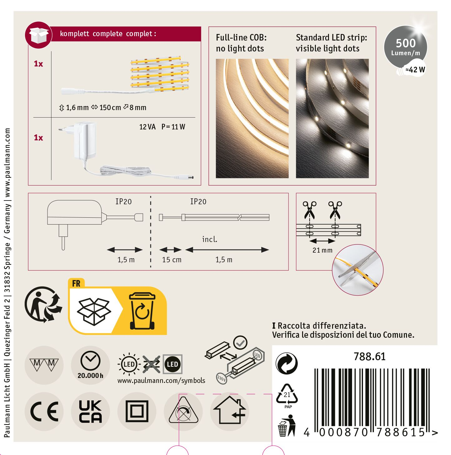 Schemat pokazujący elementy taśm LED, w tym zasilacz, złącza, taśmę LED z widocznymi i bez punktów świetlnych oraz kod kreskowy.