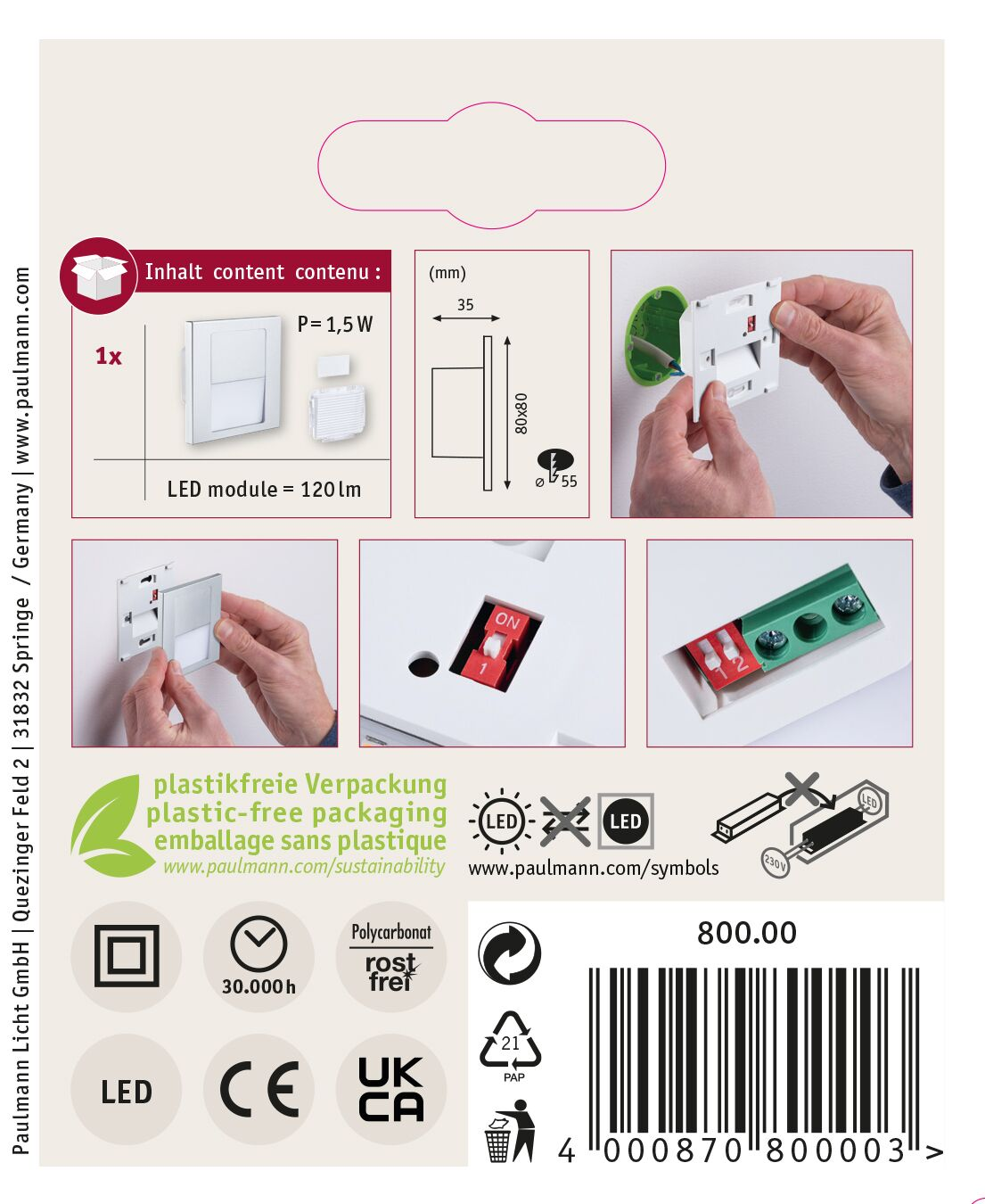 Verpackung mit LED-Modul, Abmessungen und Produktdetails. Enthält Bilder von Montage und Komponenten.