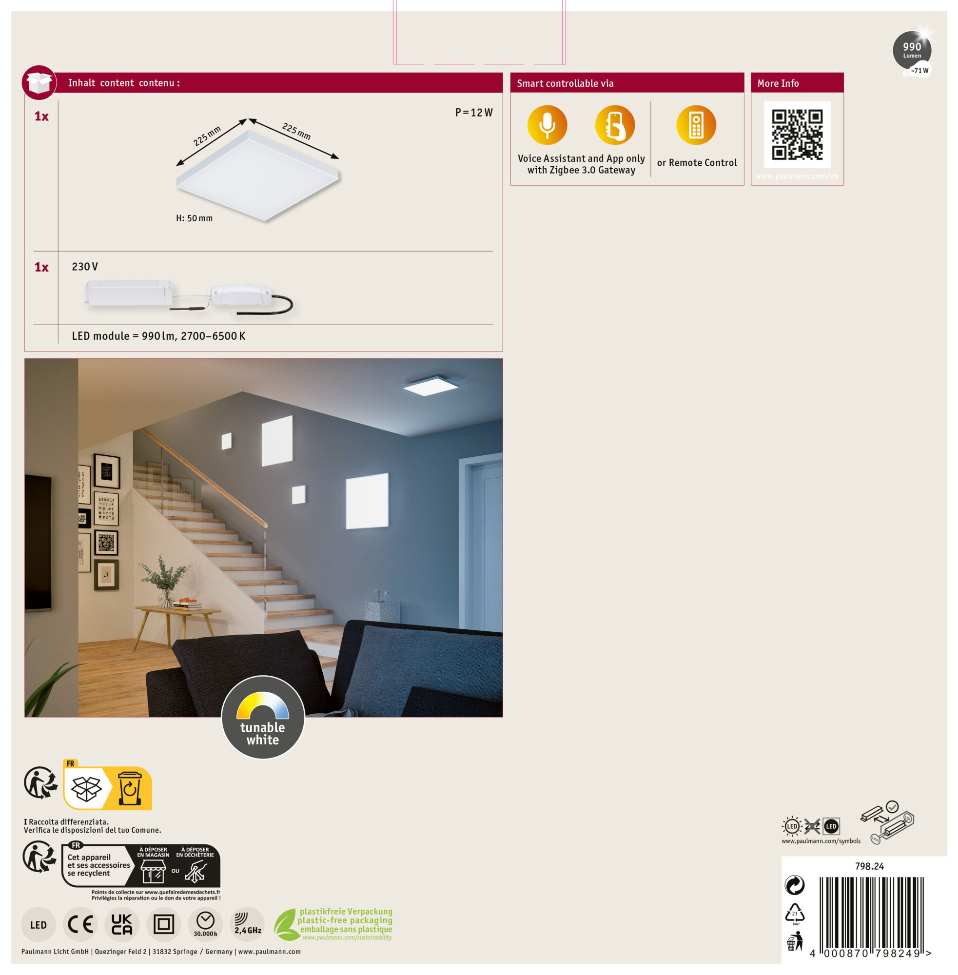 Ein Produktinformationsblatt. Es zeigt eine Deckenlampe, eine Wohnzimmerszene und andere Details.