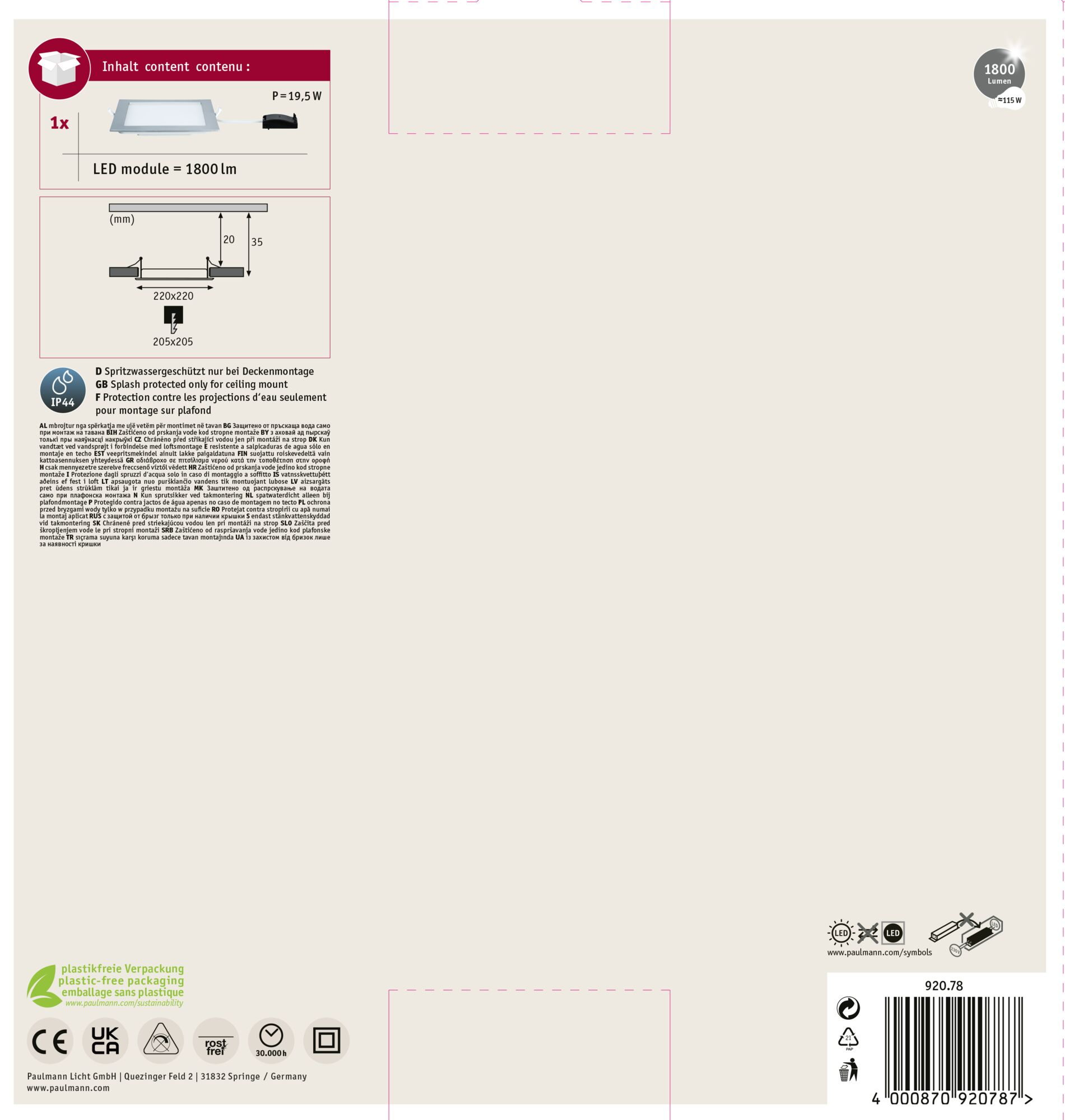 Confezione del prodotto con diagramma del modulo LED, dimensioni e specifiche.