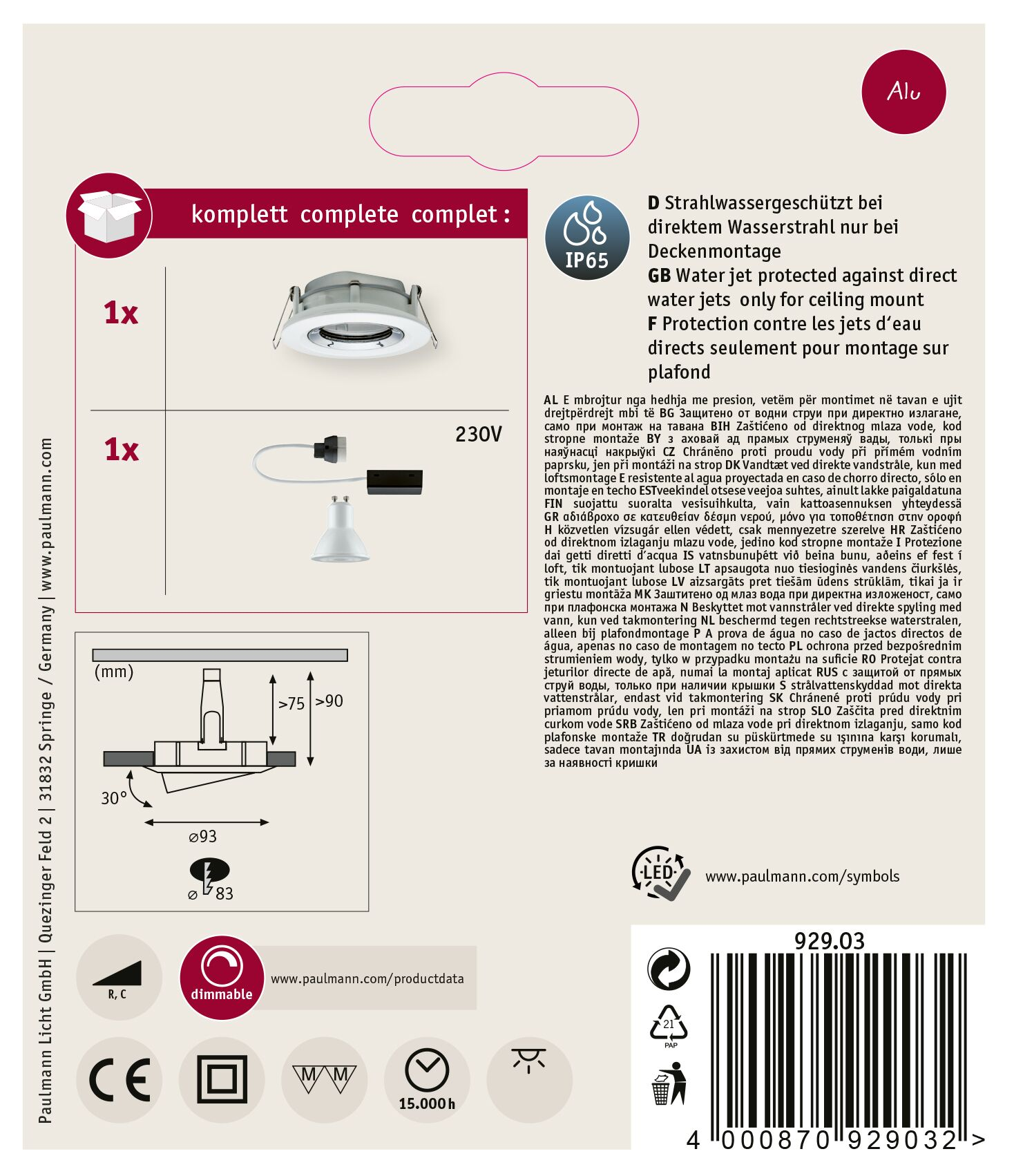 Weiße Leuchte mit rundem Design, schwarzem Stecker und Produktdetails auf weißem Hintergrund.