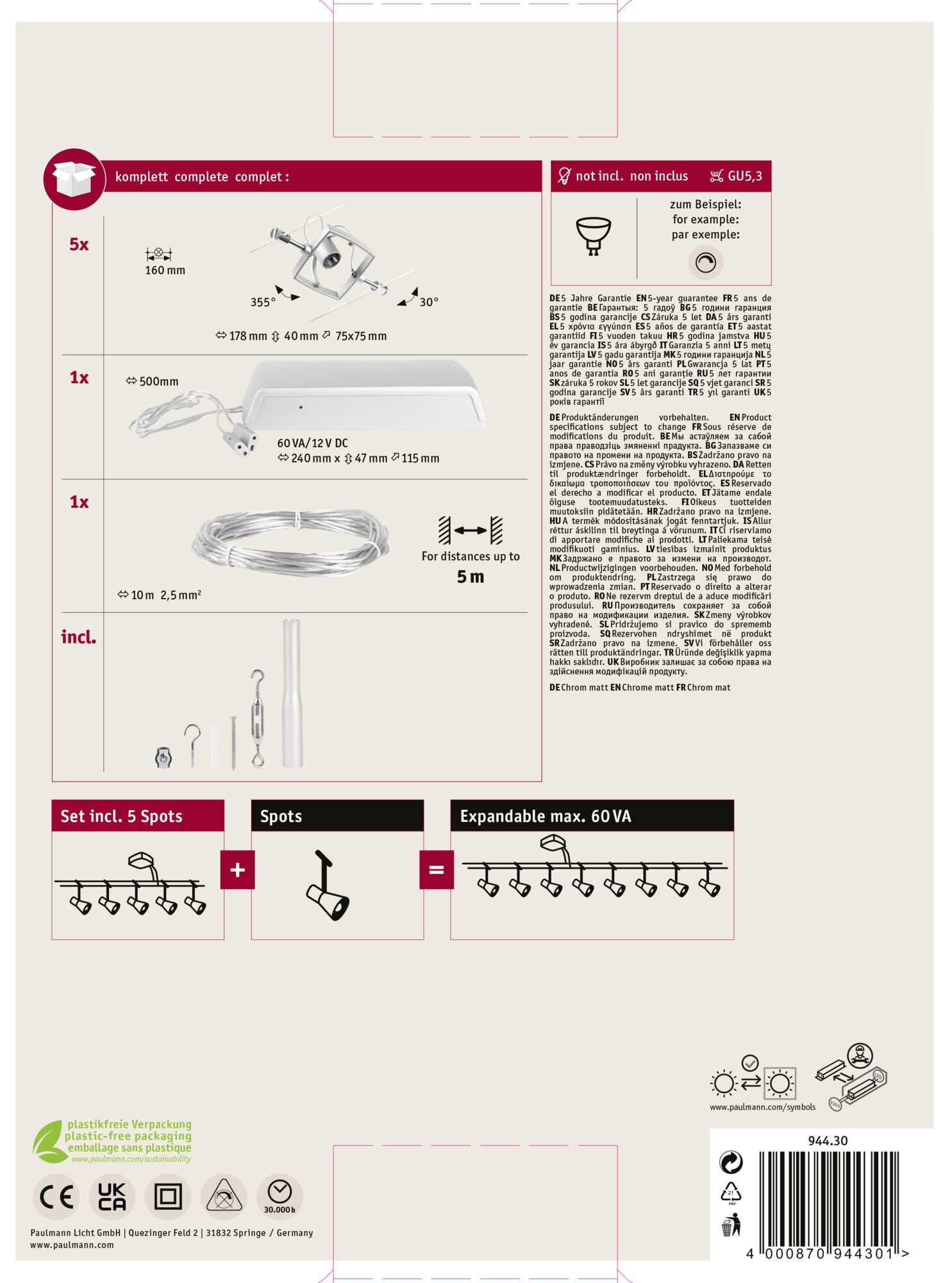 Boîte de produit avec luminaires, fils et spécifications techniques. Comprend un code-barres et une étiquette de durabilité.