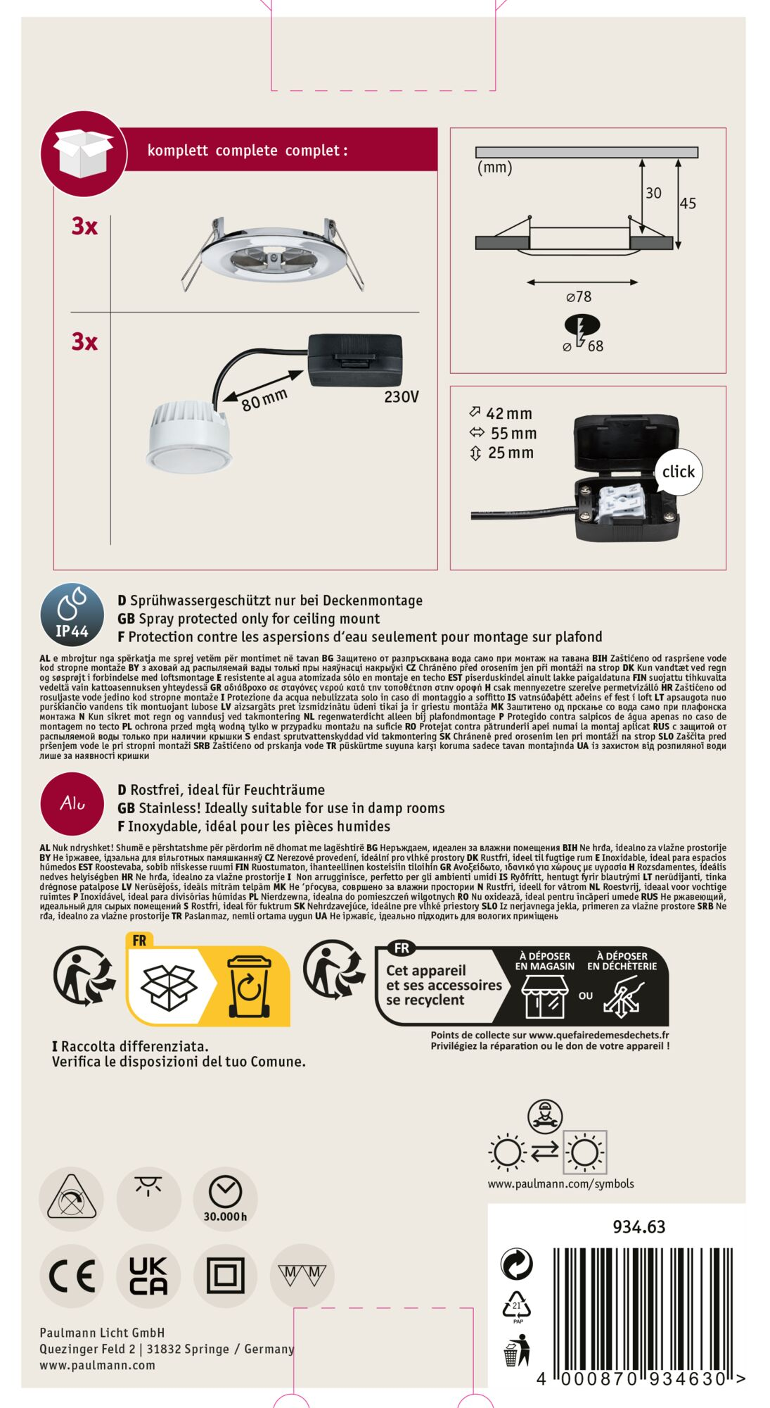Produktverpackung mit Leuchten, Maßen und Recycling-Symbolen.