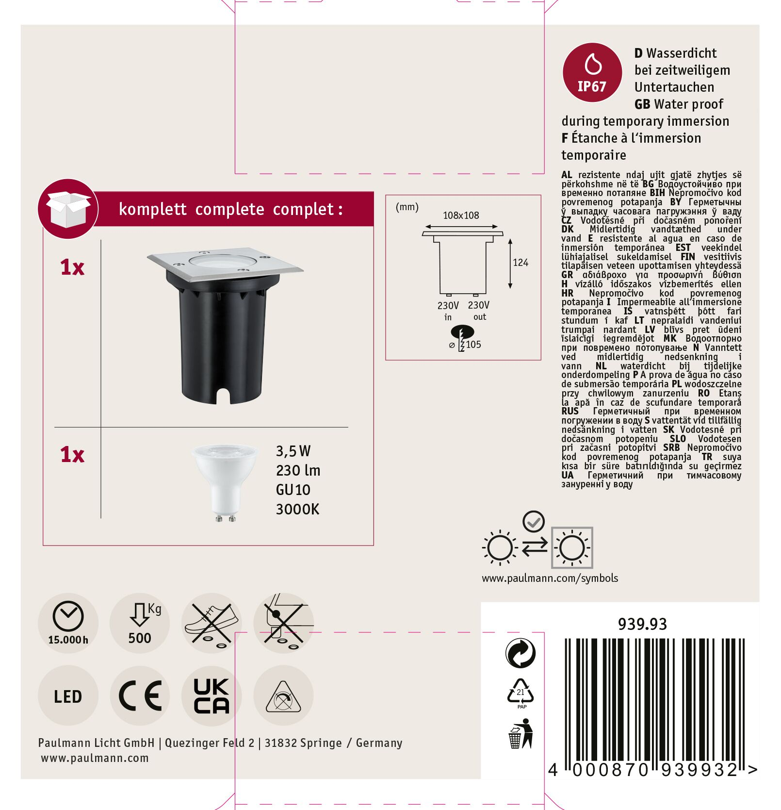Etykieta produktu z oprawą oświetleniową i żarówką, szczegółami technicznymi i certyfikatami.