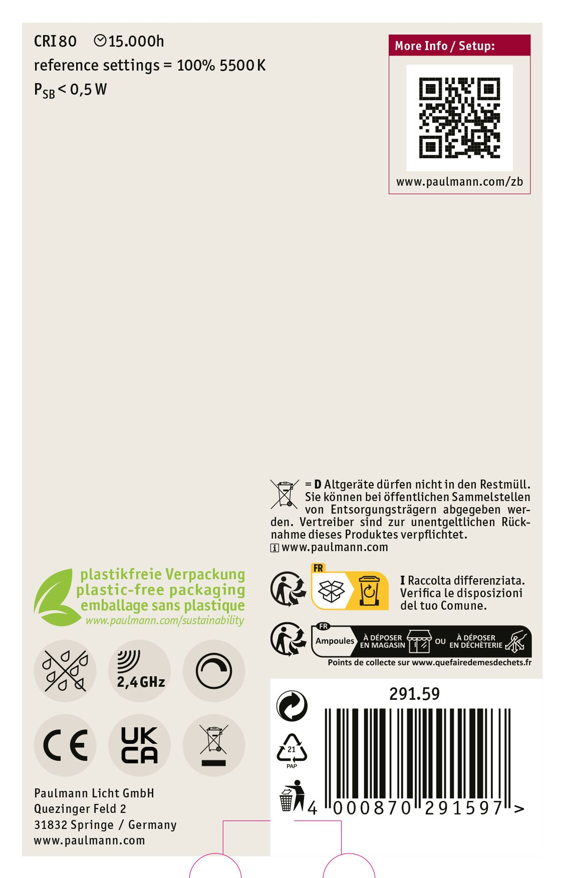 Biała etykieta produktu z tekstem, symbolami i kodem kreskowym. Zawiera specyfikacje produktu, instrukcje recyklingu i informacje o firmie.