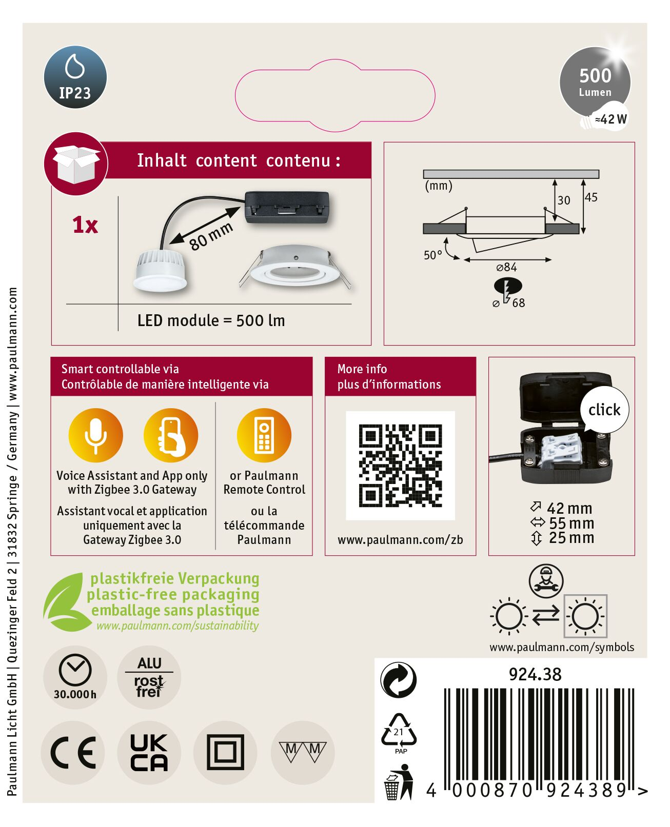 Eine Produktinformationsgrafik. Sie zeigt ein Einbau-LED-Licht mit Spezifikationen, Diagrammen und Symbolen zum Produkt.