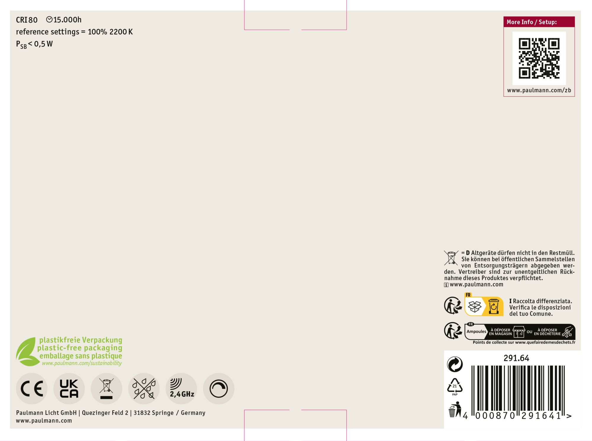 Produktverpackung mit Text und Symbolen. Enthält einen QR-Code, Recyclinghinweise und Produktspezifikationen. Der Hintergrund ist cremefarben.