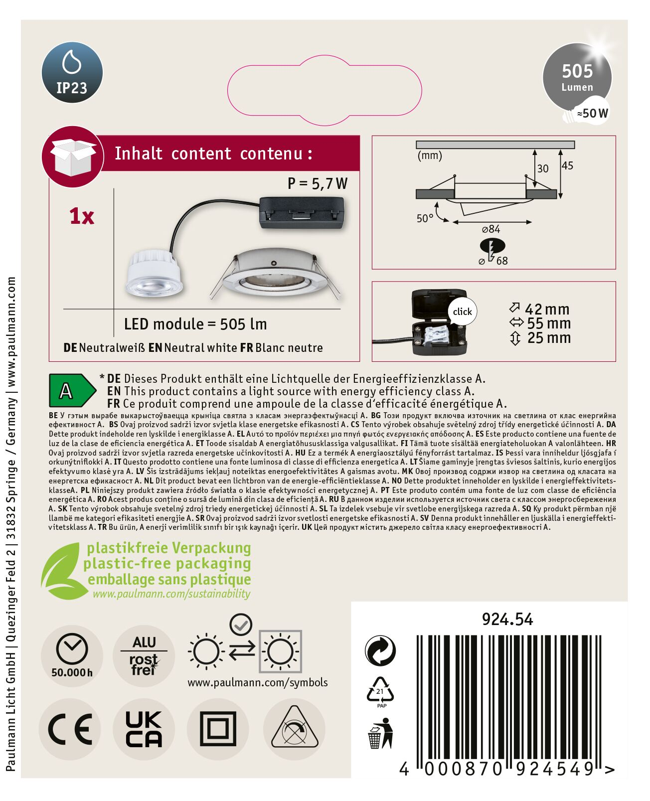 Biały moduł LED z czarnym kablem, diagramami i tekstem na białym tle.