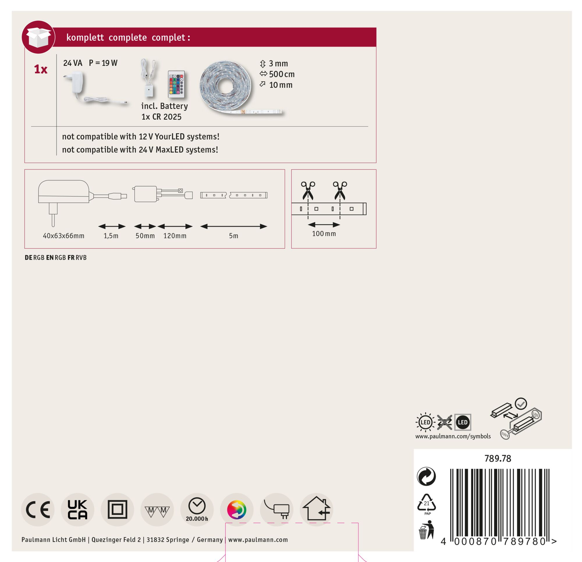 Obraz przedstawia opis produktu ze specyfikacjami technicznymi, w tym paski LED i zasilacz.