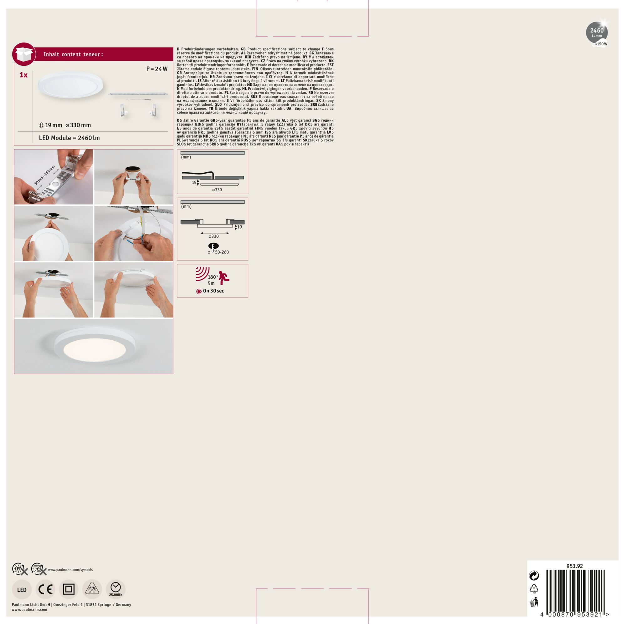 Schemat białej okrągłej lampy sufitowej LED z krokami instalacji.