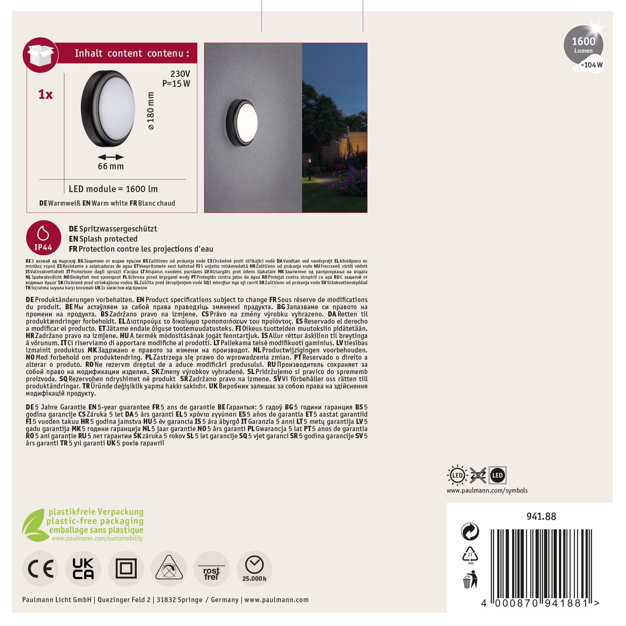 Okrągła czarna lampa zewnętrzna z białym światłem, szczegóły i informacje o produkcie.