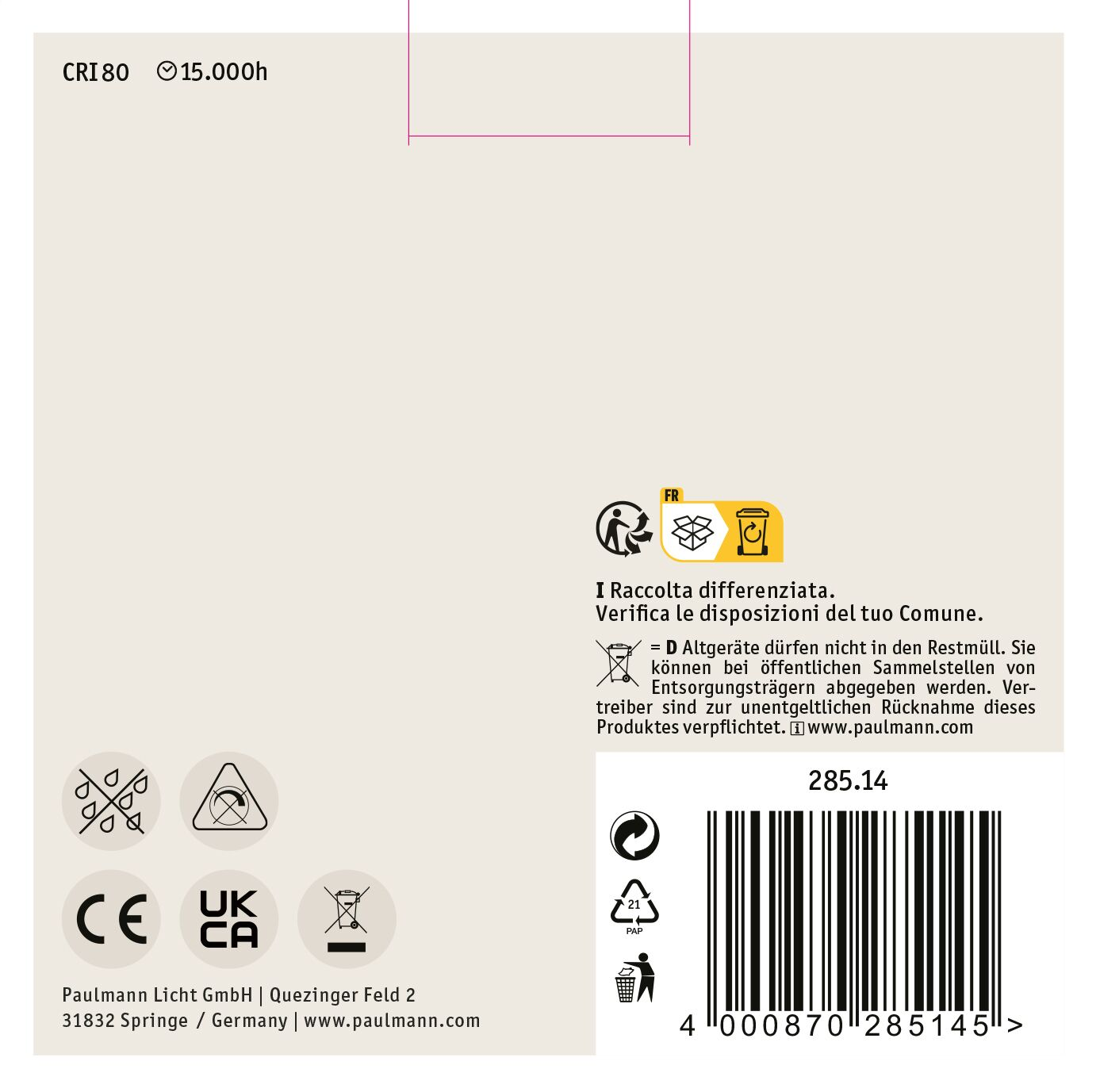 Biała etykieta produktu z symbolami recyklingu, znakami CE i UKCA. Tekst zawiera szczegóły produktu, informacje o producencie i kod kreskowy.