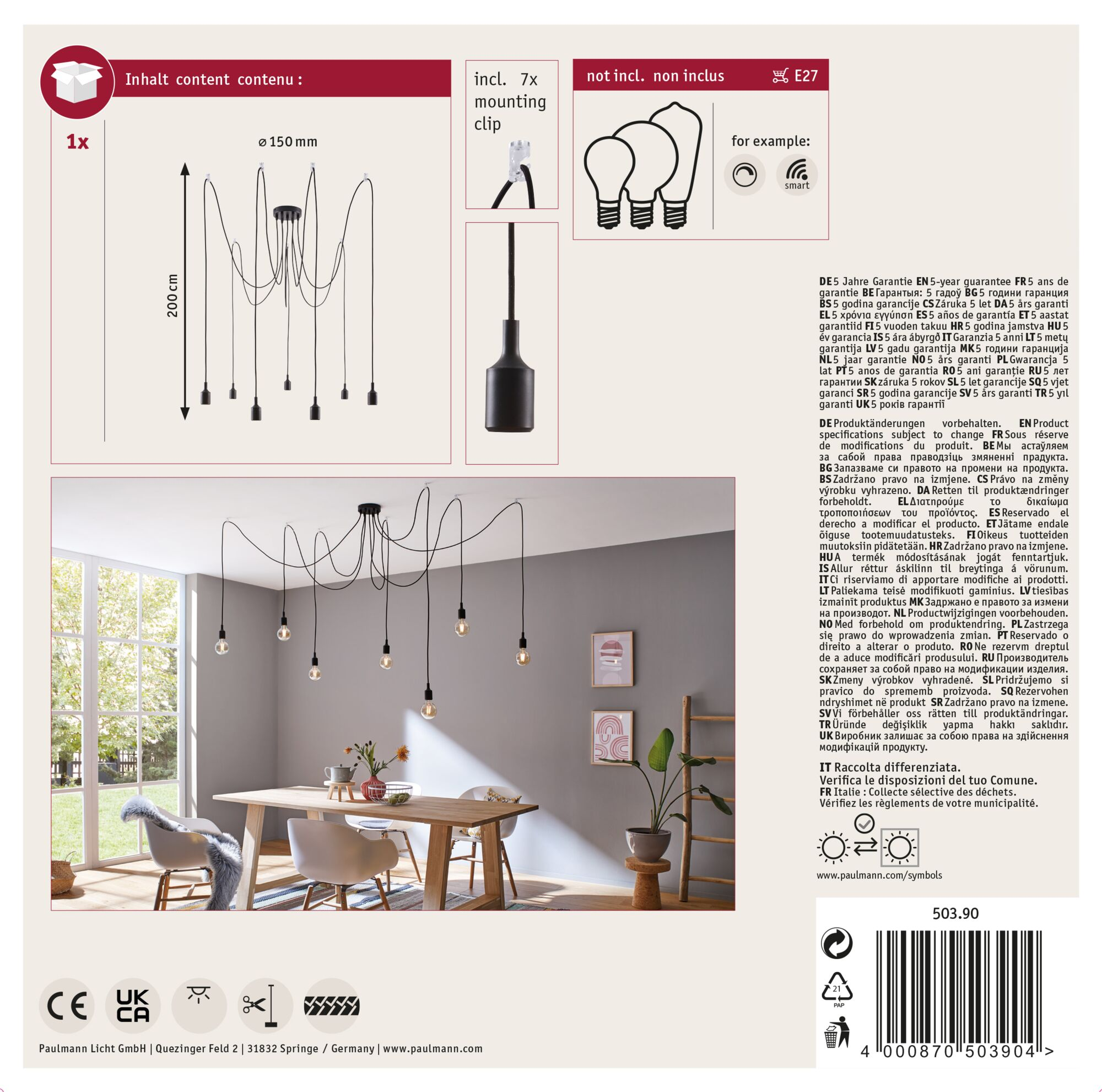 Image produit montrant une lampe suspendue avec plusieurs lumières et des informations textuelles.