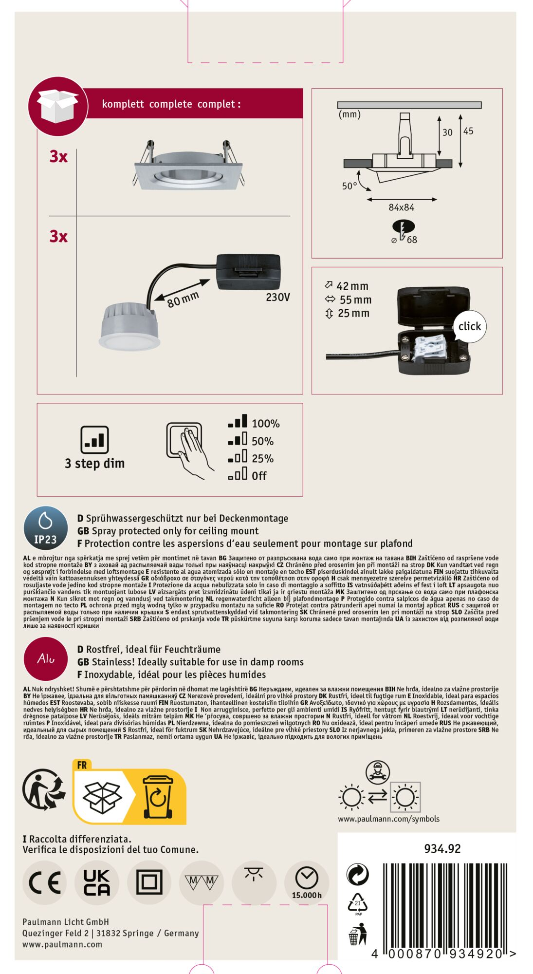 Produktverpackung mit Leuchten, Maßen und technischen Details, sowie Textbeschriftungen.