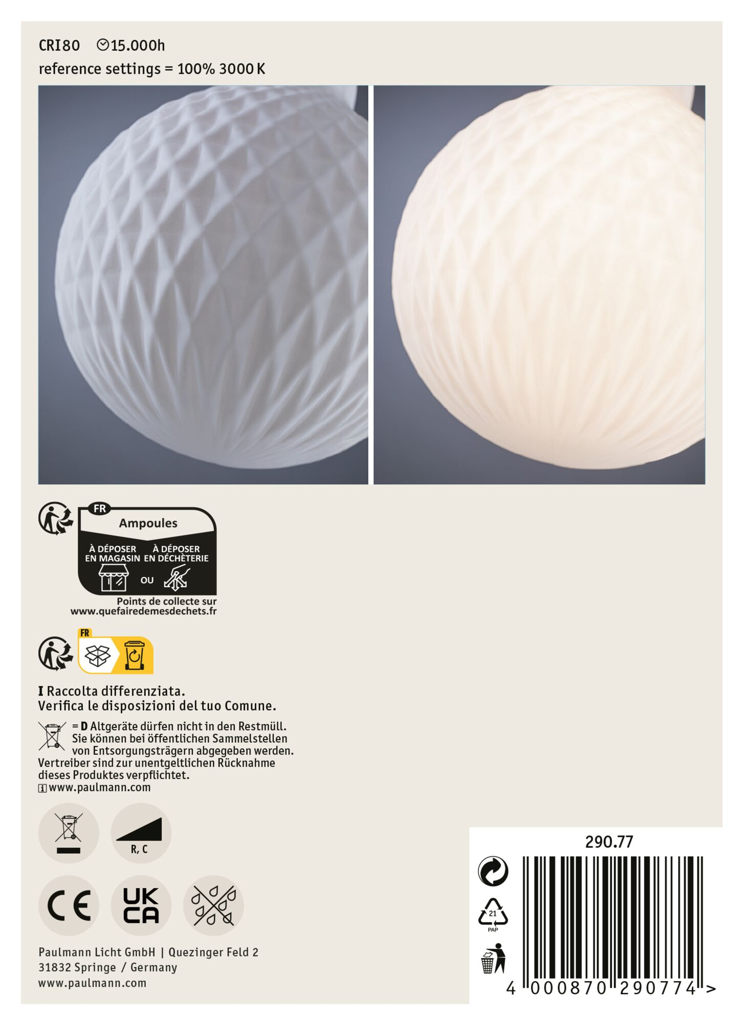 Obraz przedstawia dwie białe, wzorzyste oprawy oświetleniowe. Tekst u dołu zawiera symbole recyklingu, informacje o produkcie i kod kreskowy.