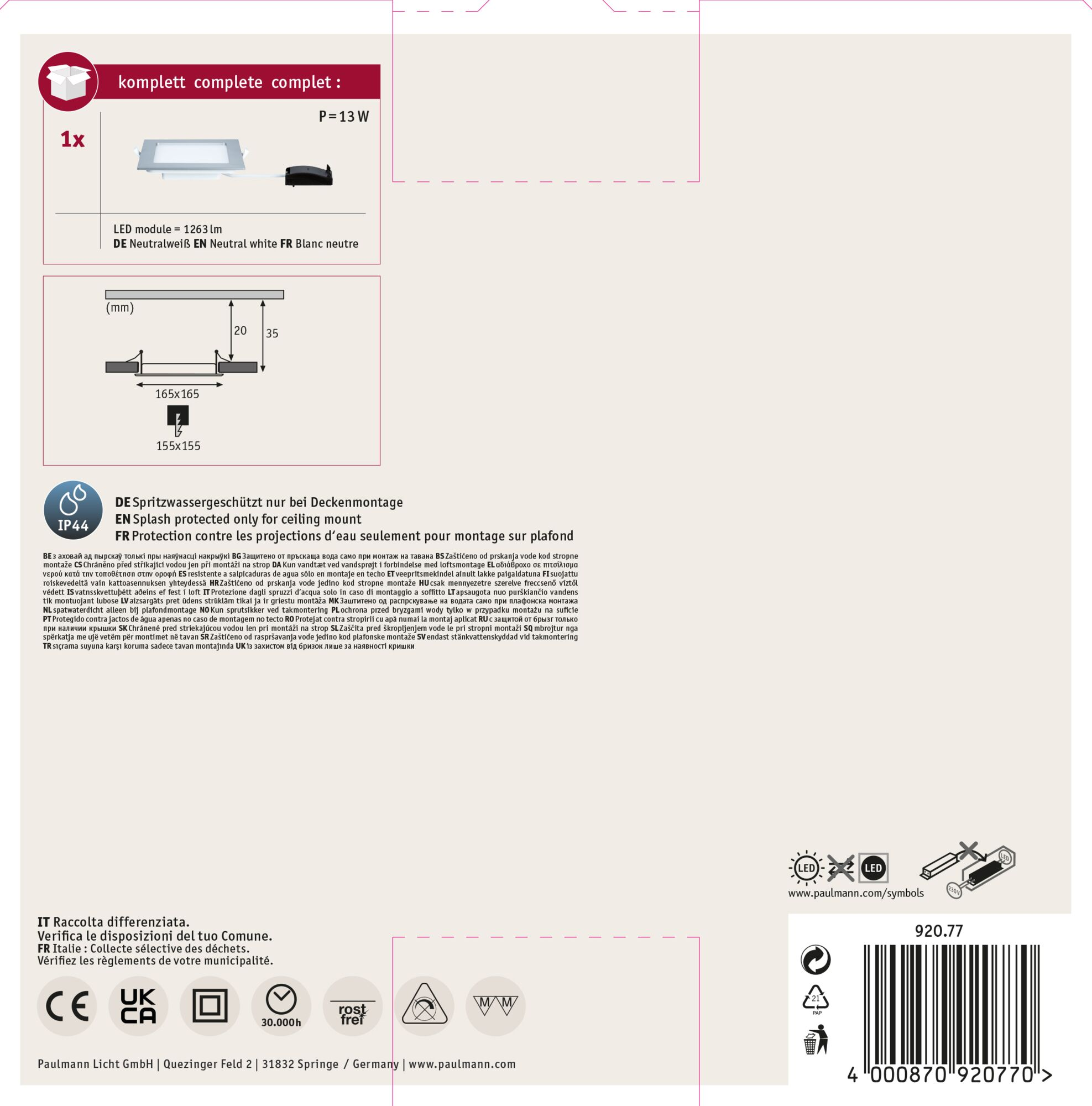 Eine weiße Produktbox mit LED-Leuchte, Abmessungen und Text in mehreren Sprachen. Sie zeigt eine IP44-Bewertung.