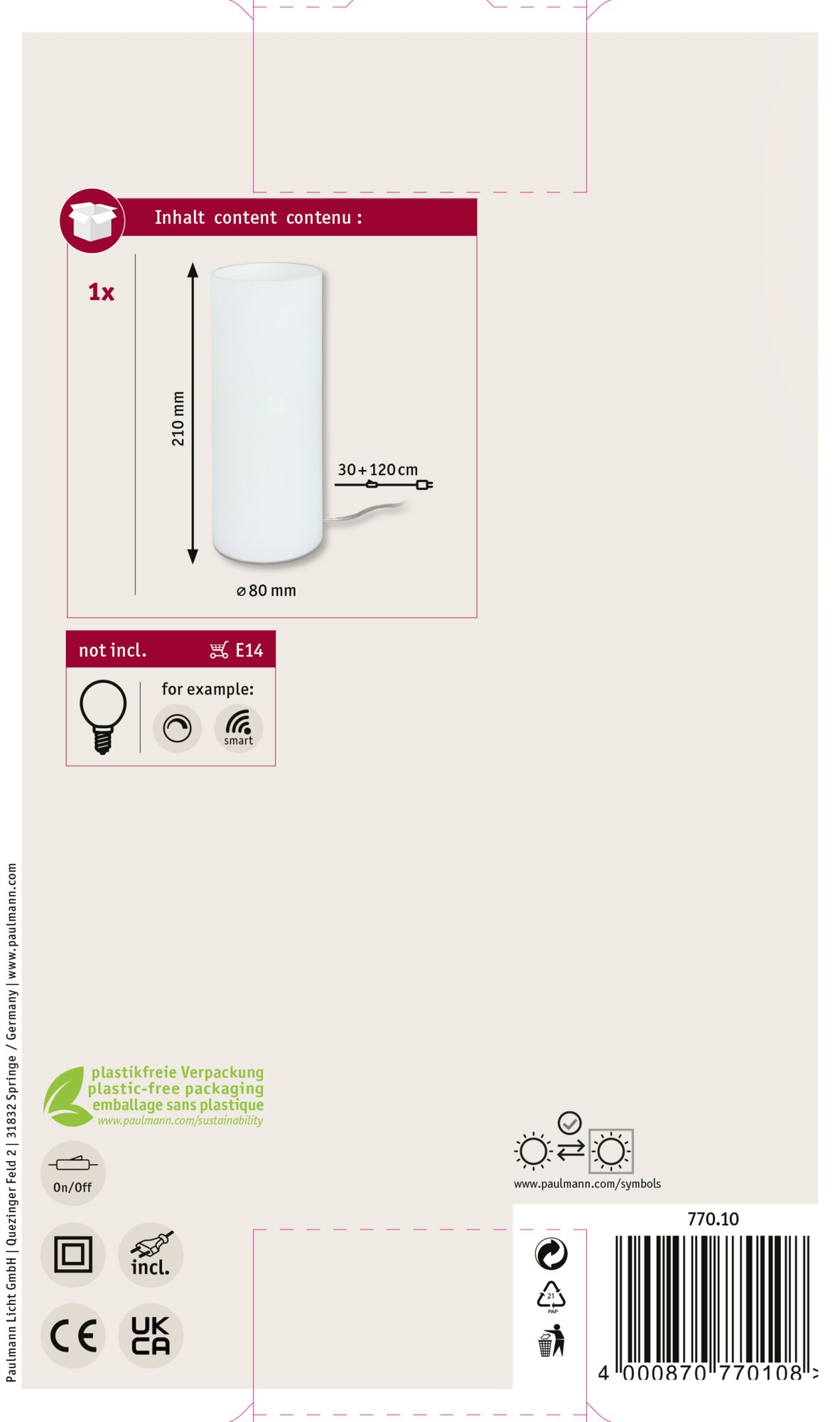 Opakowanie produktu z ilustracją lampy cylindrycznej. Zawiera wymiary, symbol E14 i szczegóły opakowania wolnego od plastiku.