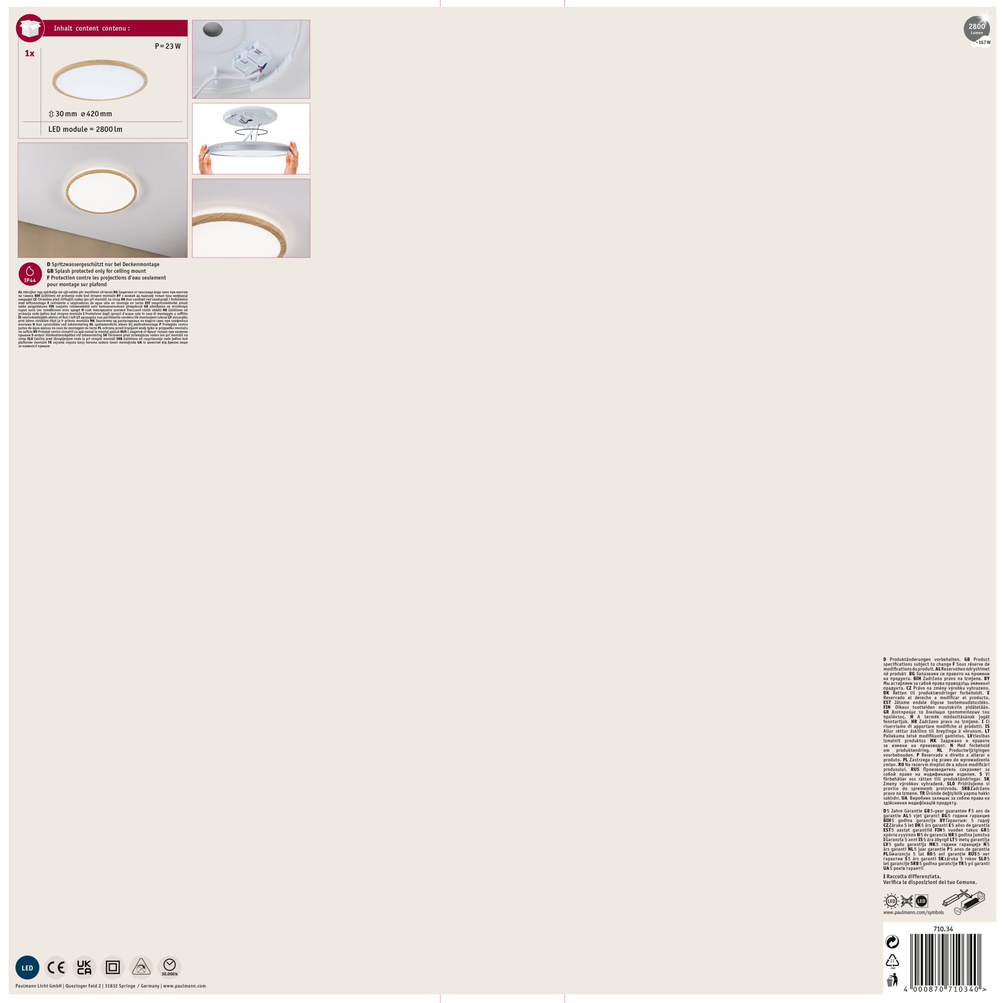 Lampa sufitowa z drewnianą obwódką, zamontowana na białym suficie. Pokazano szczegóły produktu.