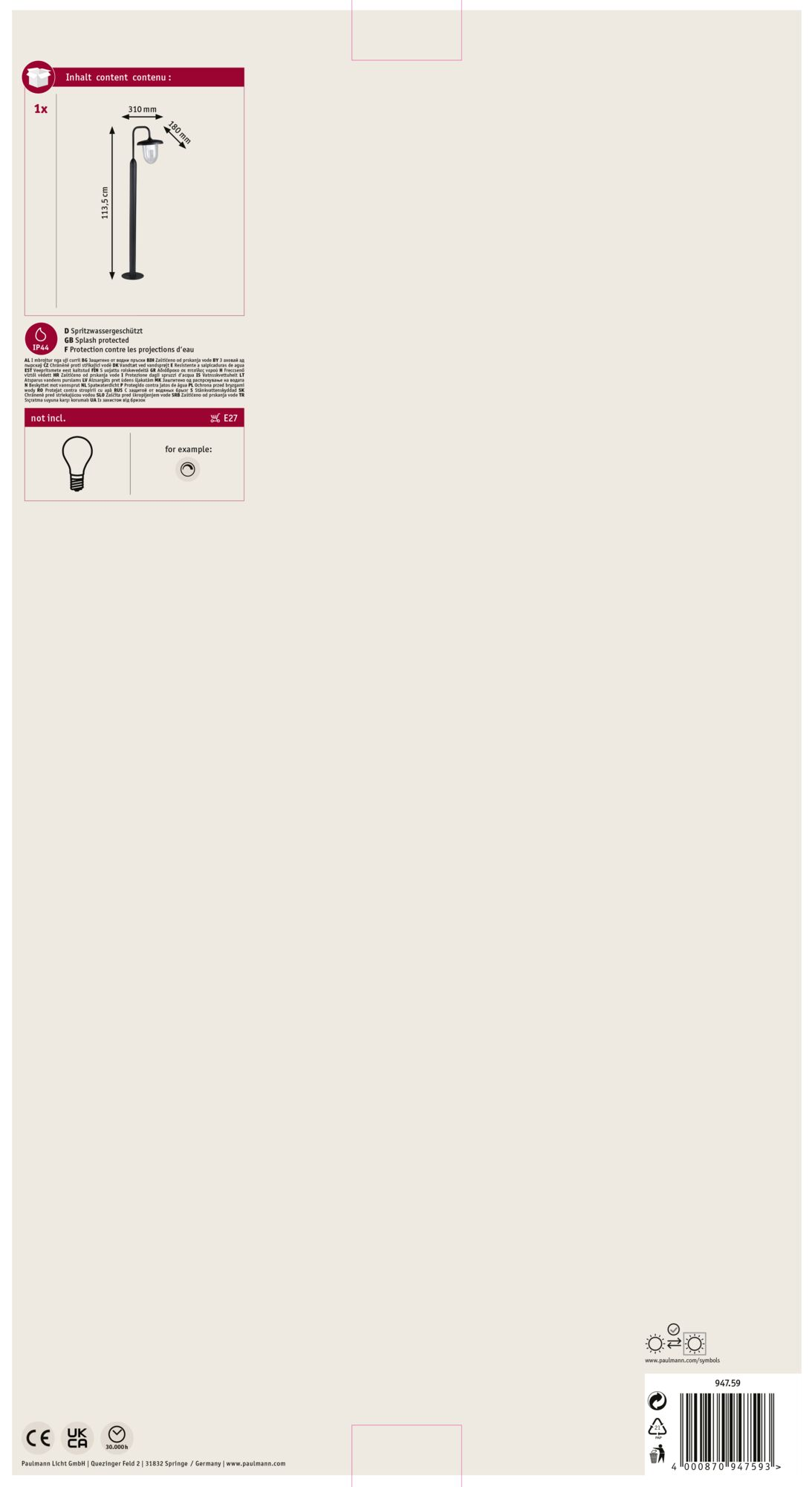 Diagramm einer schwarzen Außenlampe, Abmessungen gezeigt. Text in mehreren Sprachen erklärt den Wasserspritzschutz.