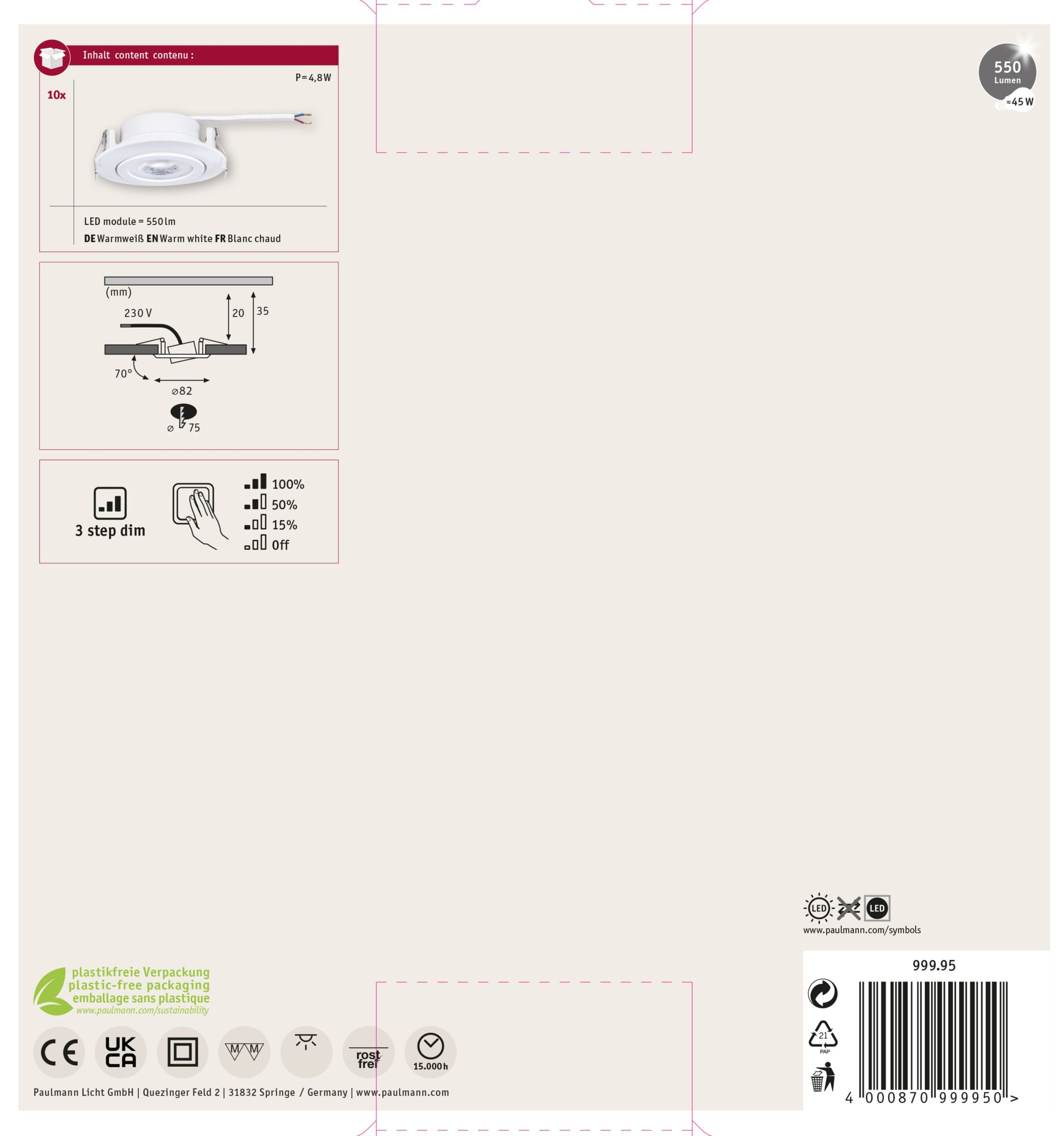 Biała oprawa oświetleniowa LED ze specyfikacjami. Tekst zawiera moc, napięcie i lumeny. Tło jest kremowe.