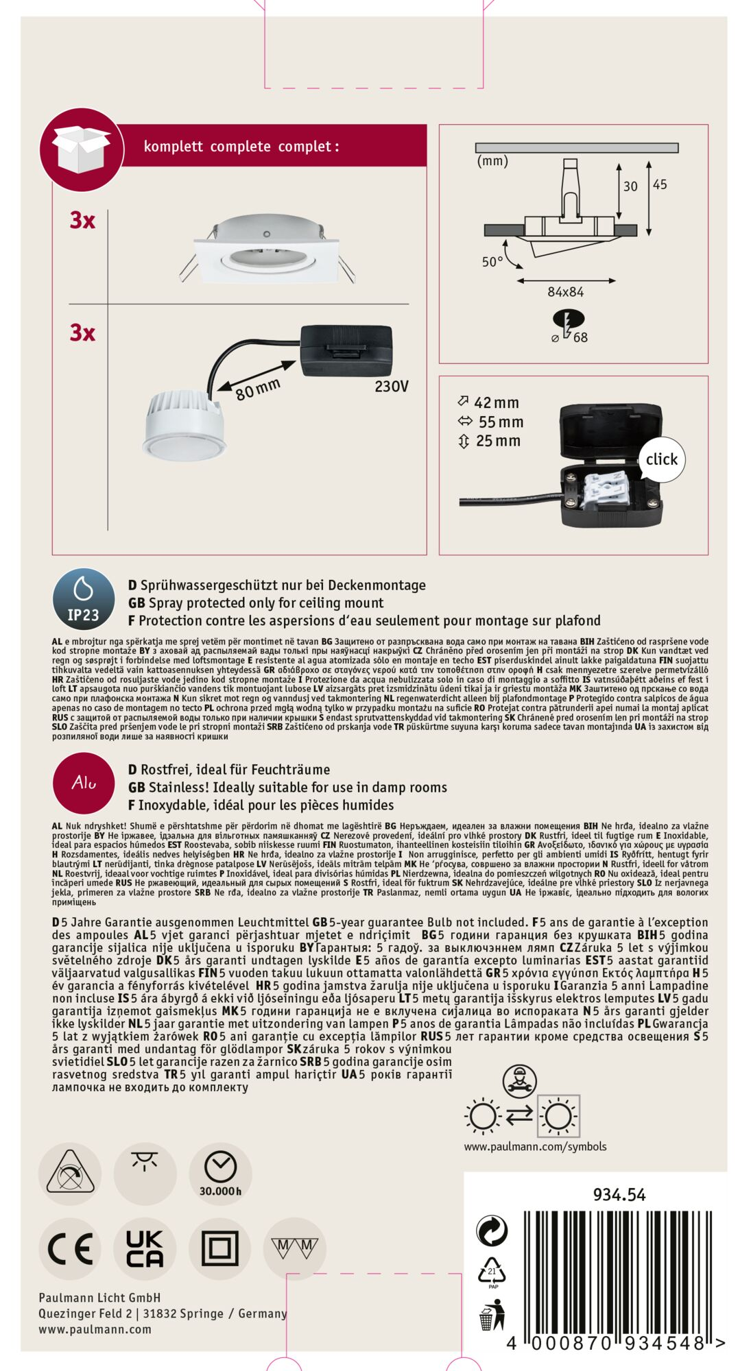 Weiße Einbauleuchte mit schwarzem Transformator und elektrischem Diagramm.