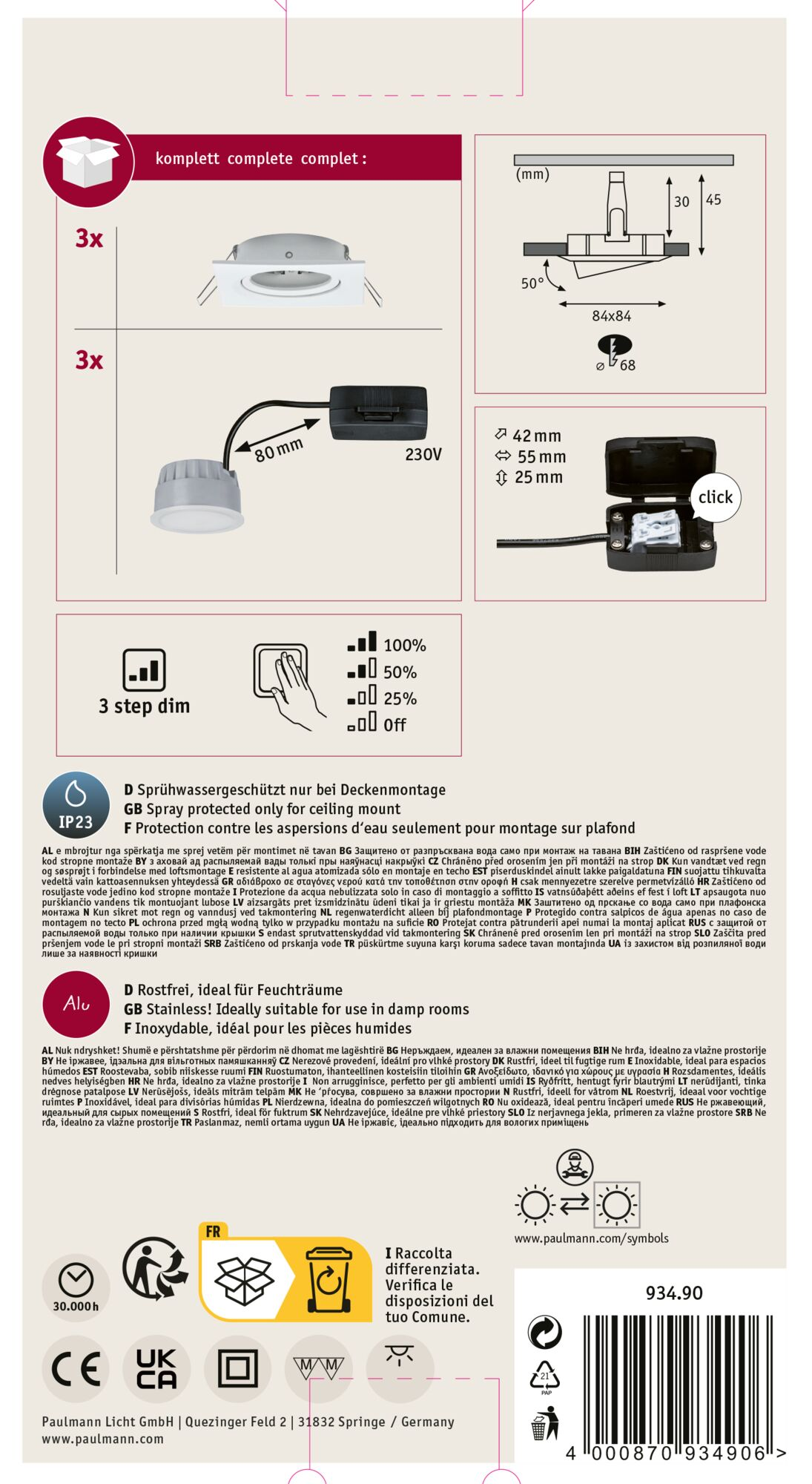 Produktverpackung mit Leuchten, elektrischen Komponenten und technischen Daten.