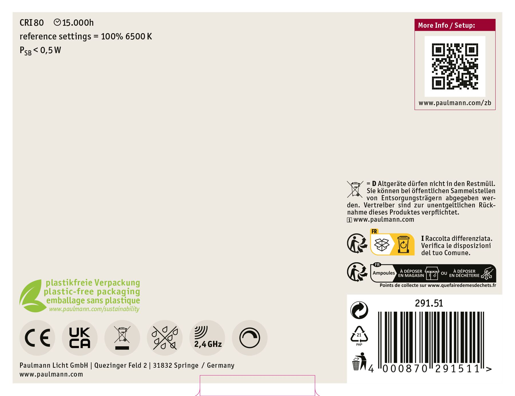 Das Bild zeigt Produktinformationen: Spezifikationen, Recyclingsymbole, einen QR-Code und einen Barcode, sowie Text in mehreren Sprachen.