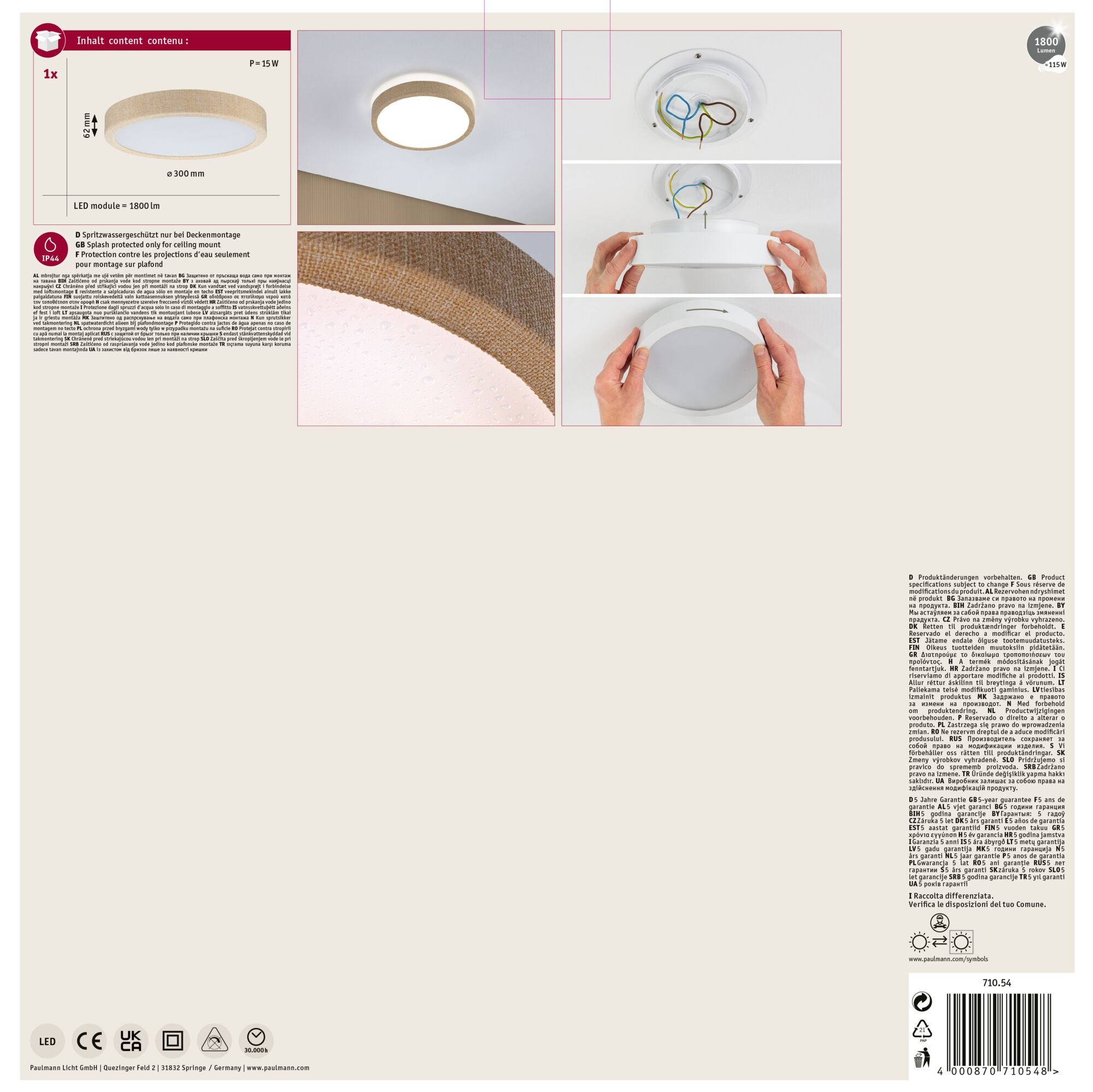 Pokazano okrągłą lampę sufitową z beżowym materiałowym kloszem, z instrukcją instalacji.