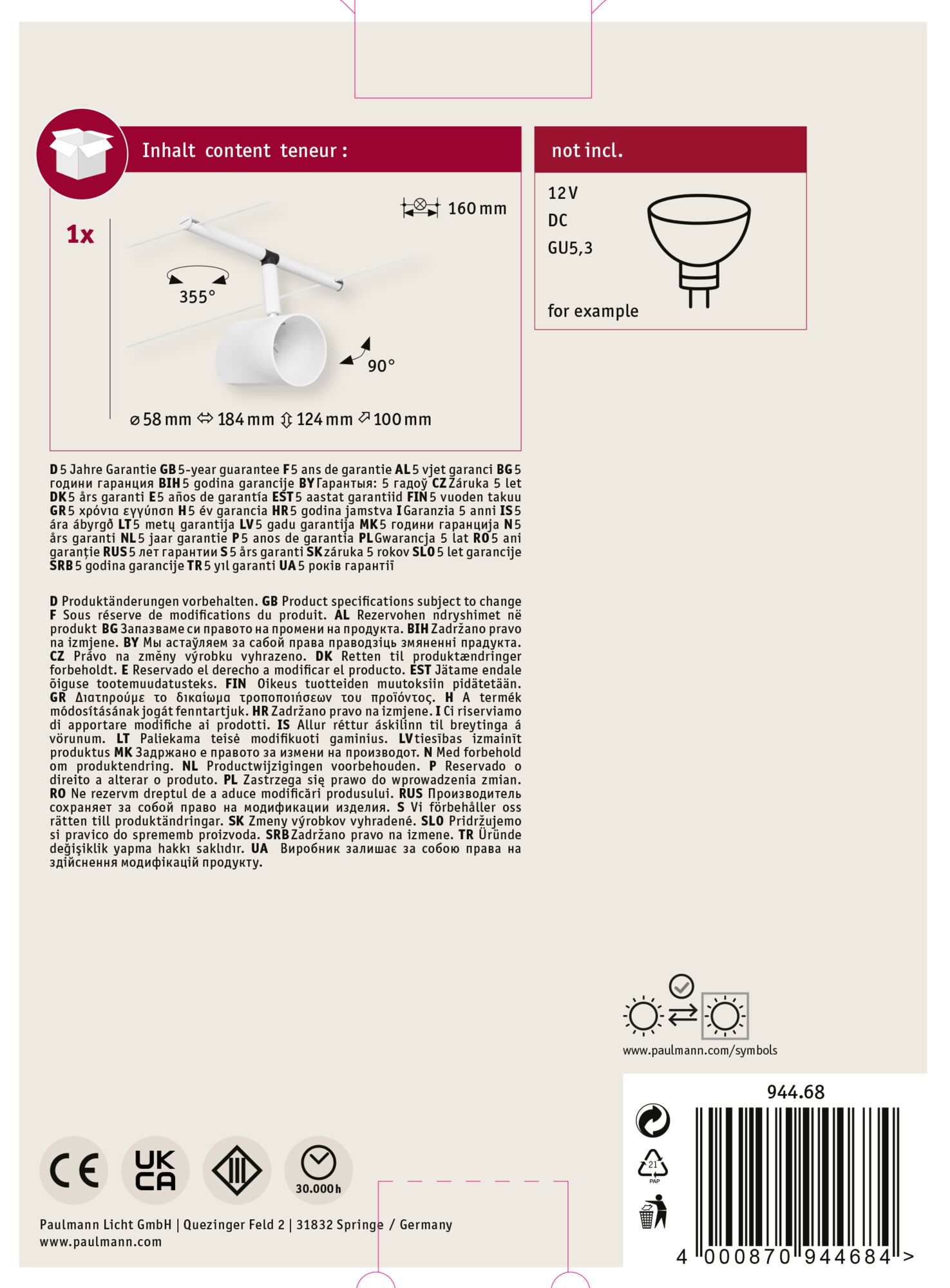 Produktetikett mit Lampendiagramm, Abmessungen, technischen Daten und Garantieinformationen.