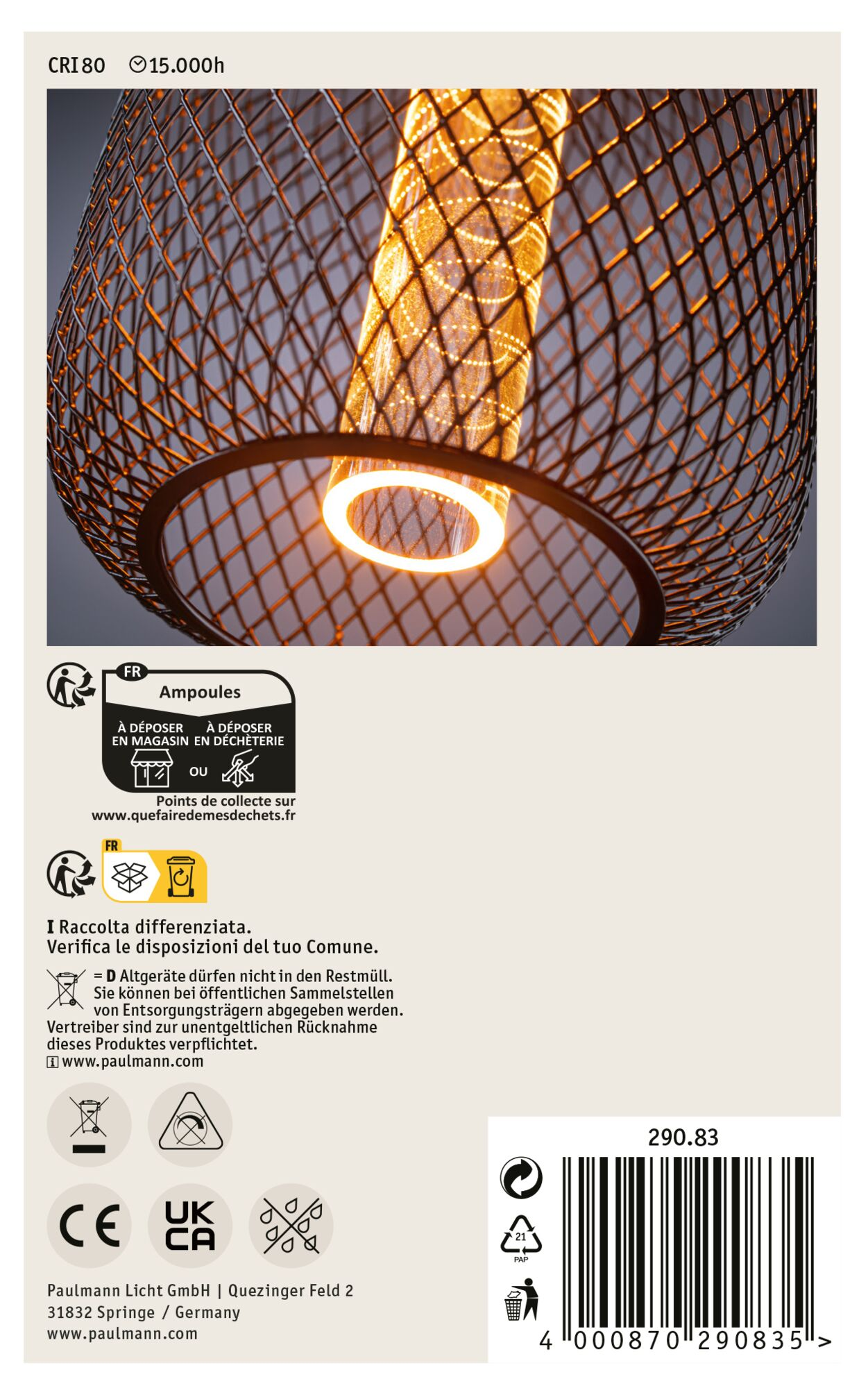 Zbliżenie czarnego metalowego klosza z ciepłą żarówką w środku. Tekst i symbole na dole.