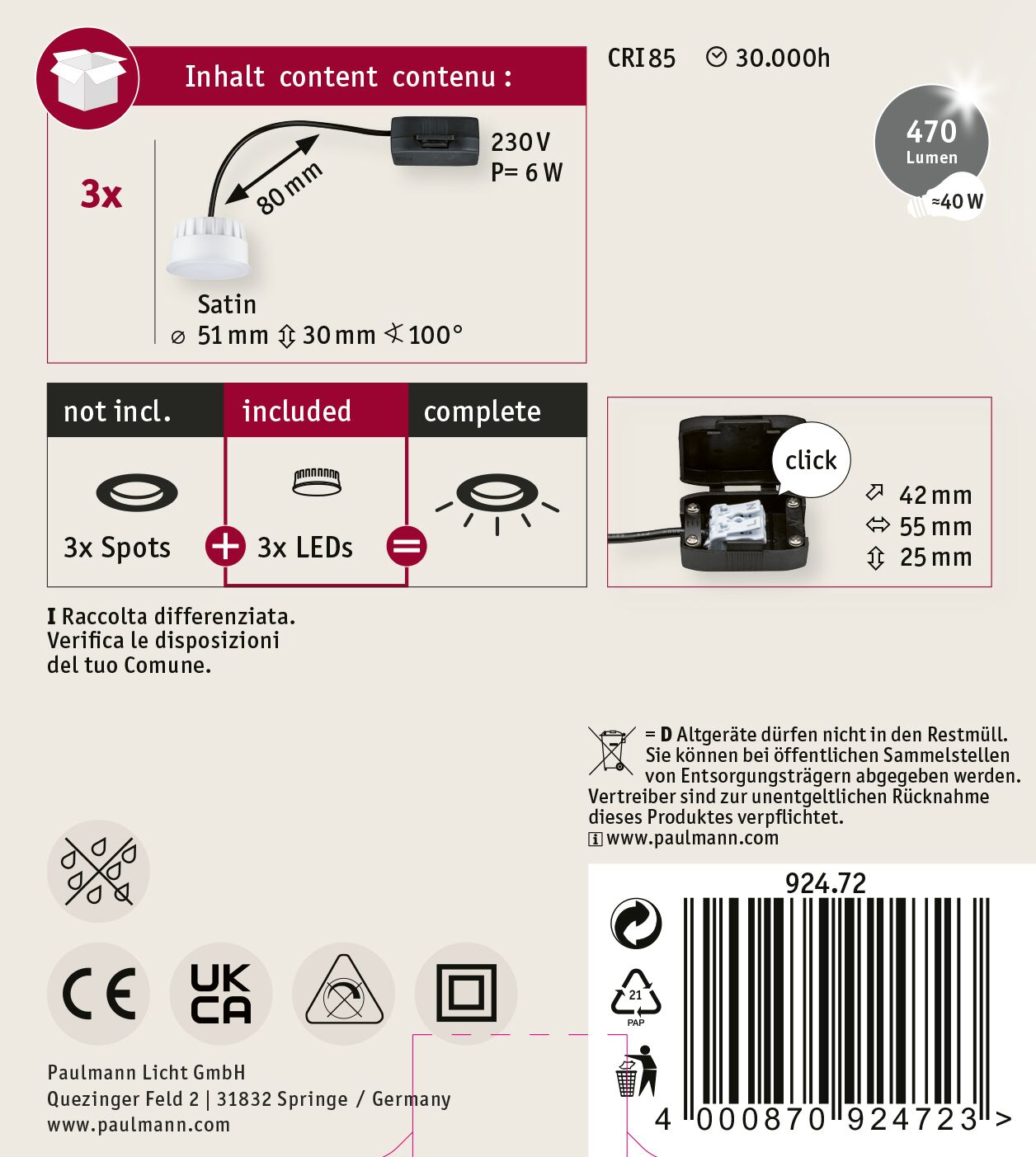 Boîte de produit avec 3 lumières LED, dimensions et spécifications. Comprend la tension, la puissance et les détails des lumens. Contient des symboles de recyclage et un code-barres.