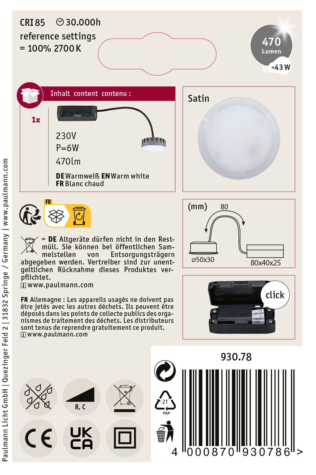 Ein Produktetikett mit Text und Diagrammen, einschließlich einer Leuchte, Spannung und Recycling-Symbolen. Es hat einen Barcode.