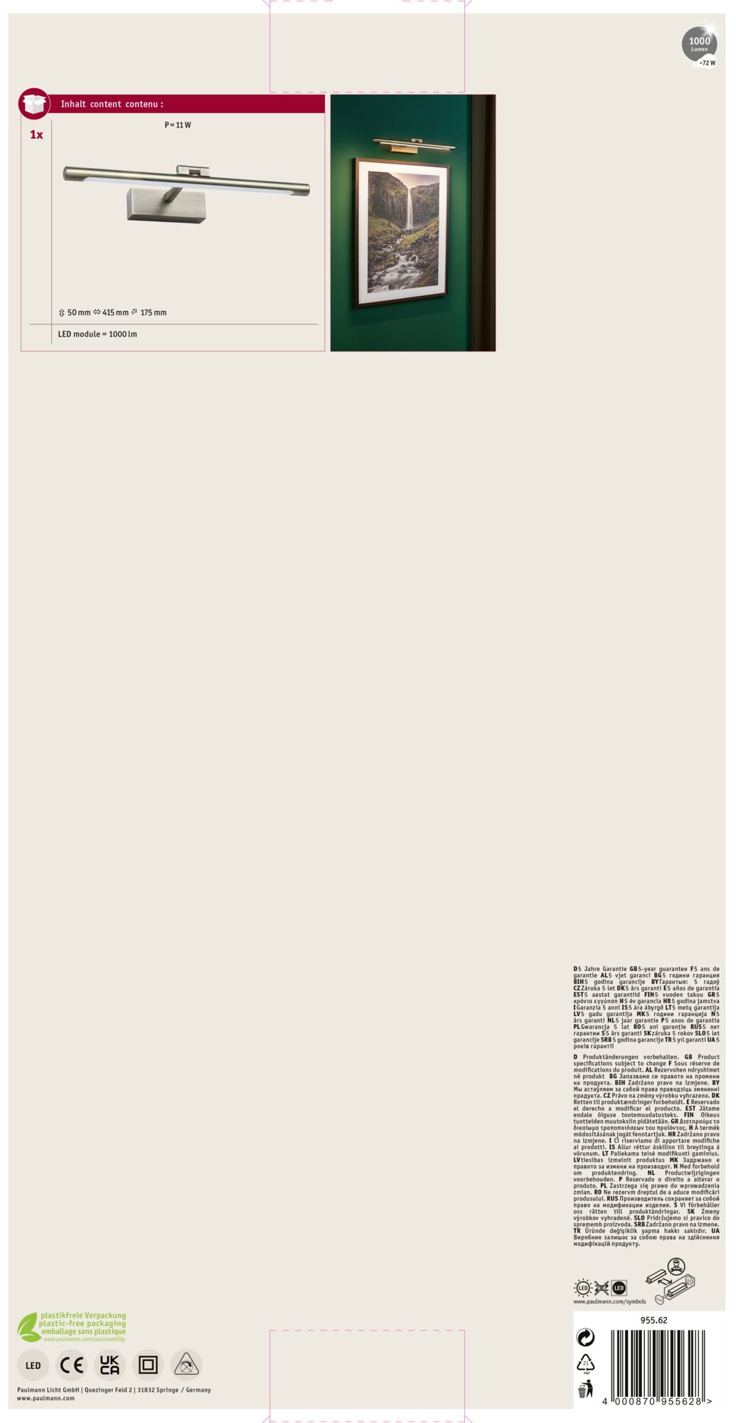 Lampa ze zdjęciem wodospadu i zieloną ścianą.