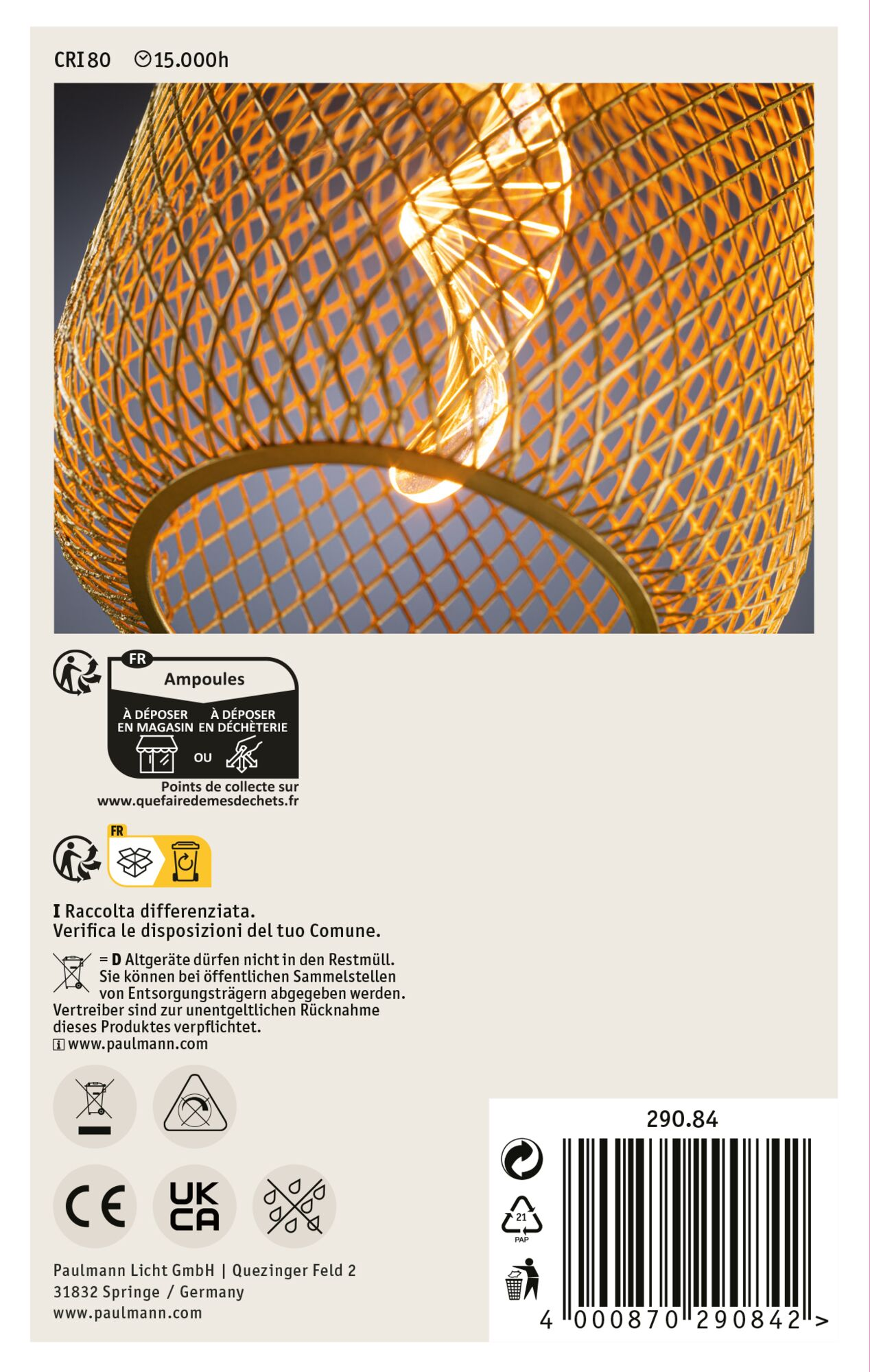 Pomarańczowy, tkany klosz otacza jasną żarówkę. Informacje o produkcie i symbole recyklingu są widoczne na etykiecie.