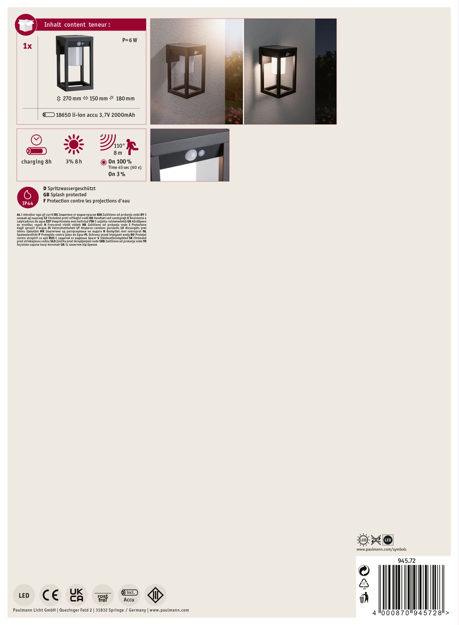 Zdjęcie produktu z czarną lampą ścienną zewnętrzną, ze specyfikacjami i symbolami.