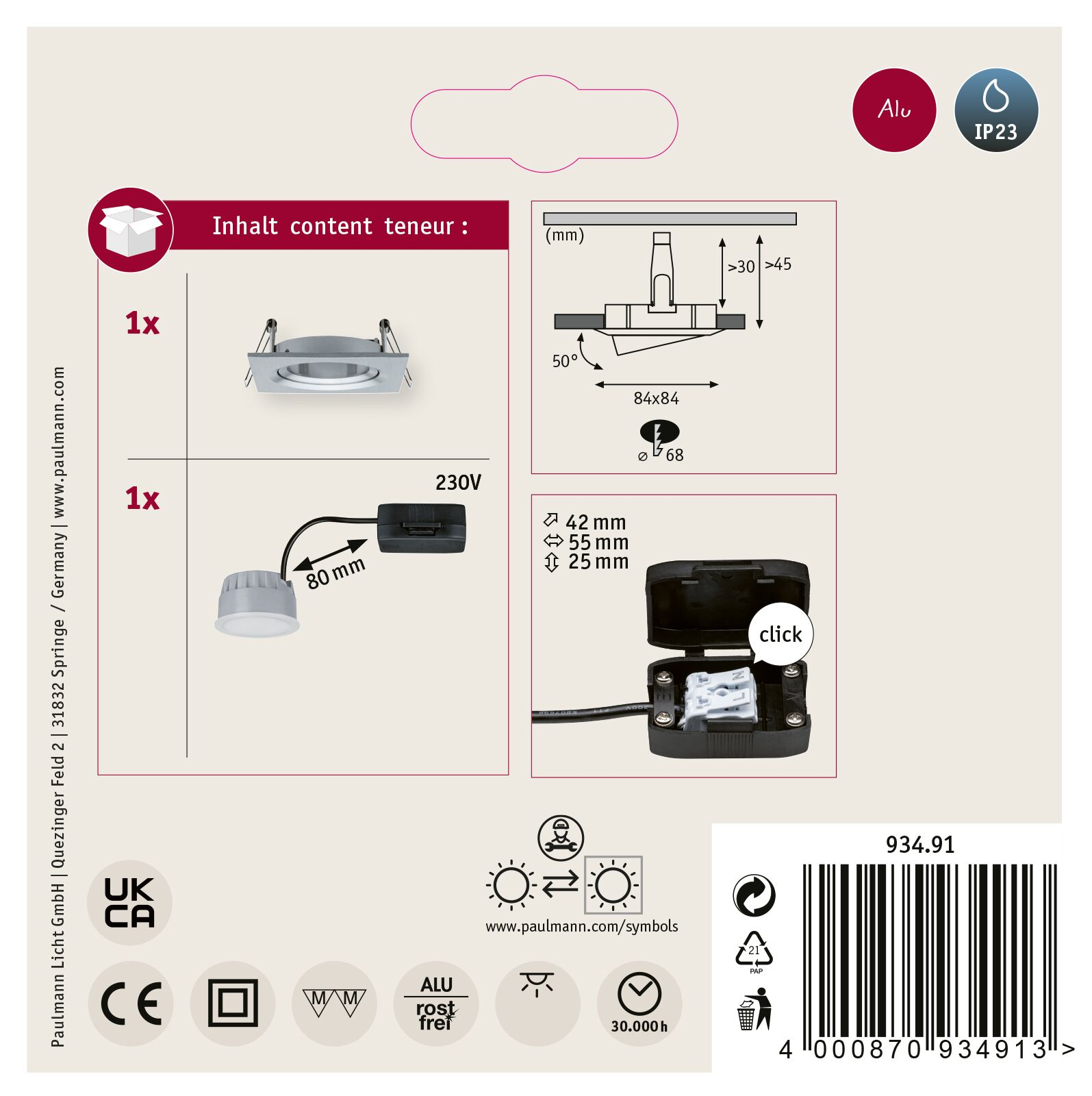 Diagramm eines Einbaustrahlers mit Maßen, 1x Strahler, 1x Netzteil. Enthält Symbole und einen Barcode.
