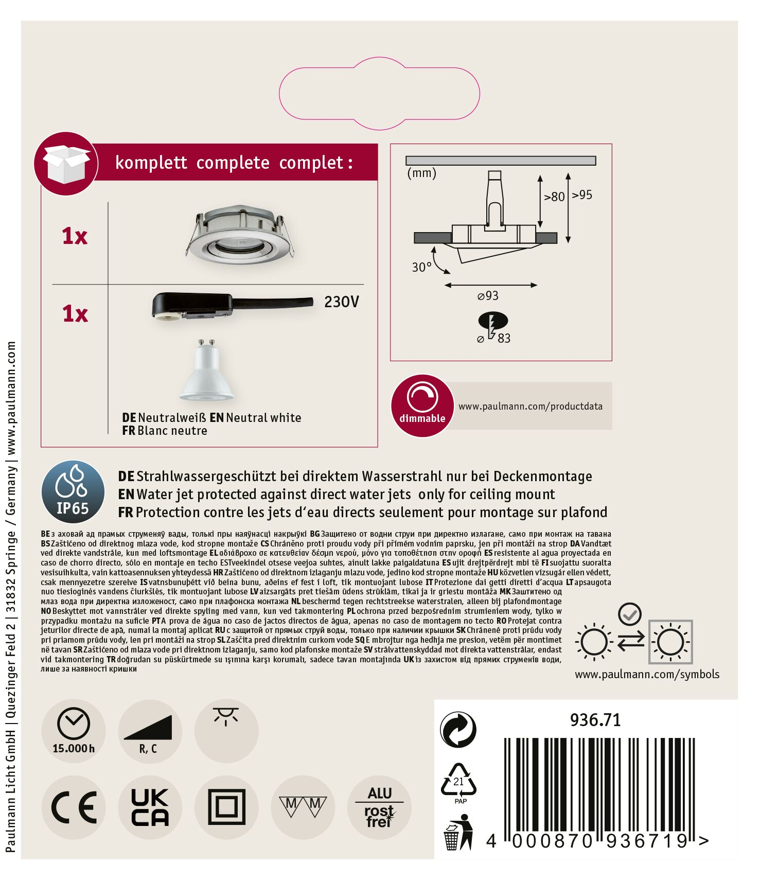 Produktverpackung mit Deckenleuchte, Netzkabel, Text und technischen Diagrammen.