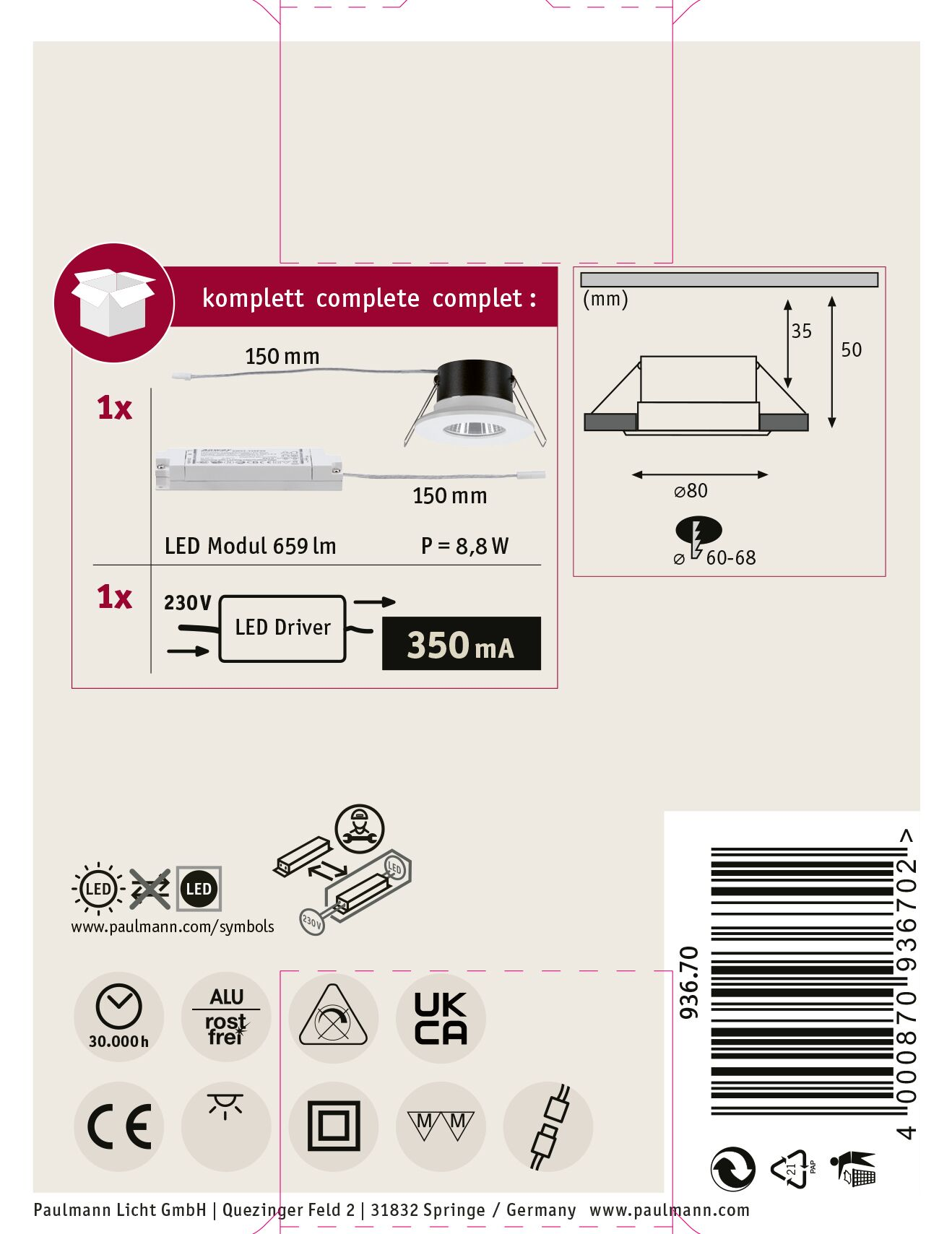 Diagramm eines LED-Einbaustrahlers, mit Abmessungen und technischen Daten. Enthält eine Box, Licht, Treiber und Symbole.