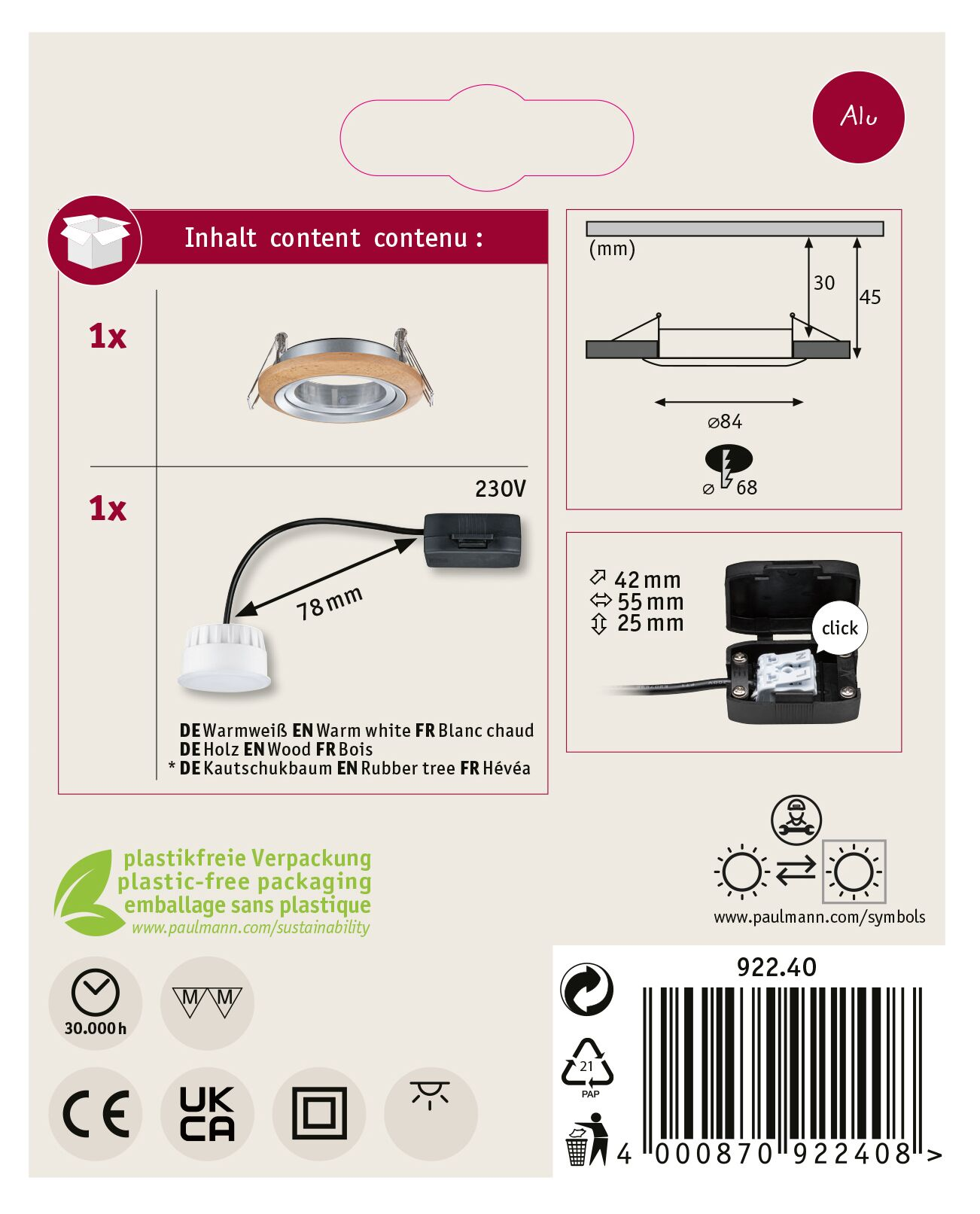 Ein Produktetikett mit einer Einbauleuchte, einem Netzkabel und technischen Details. Es enthält Text und Diagramme.