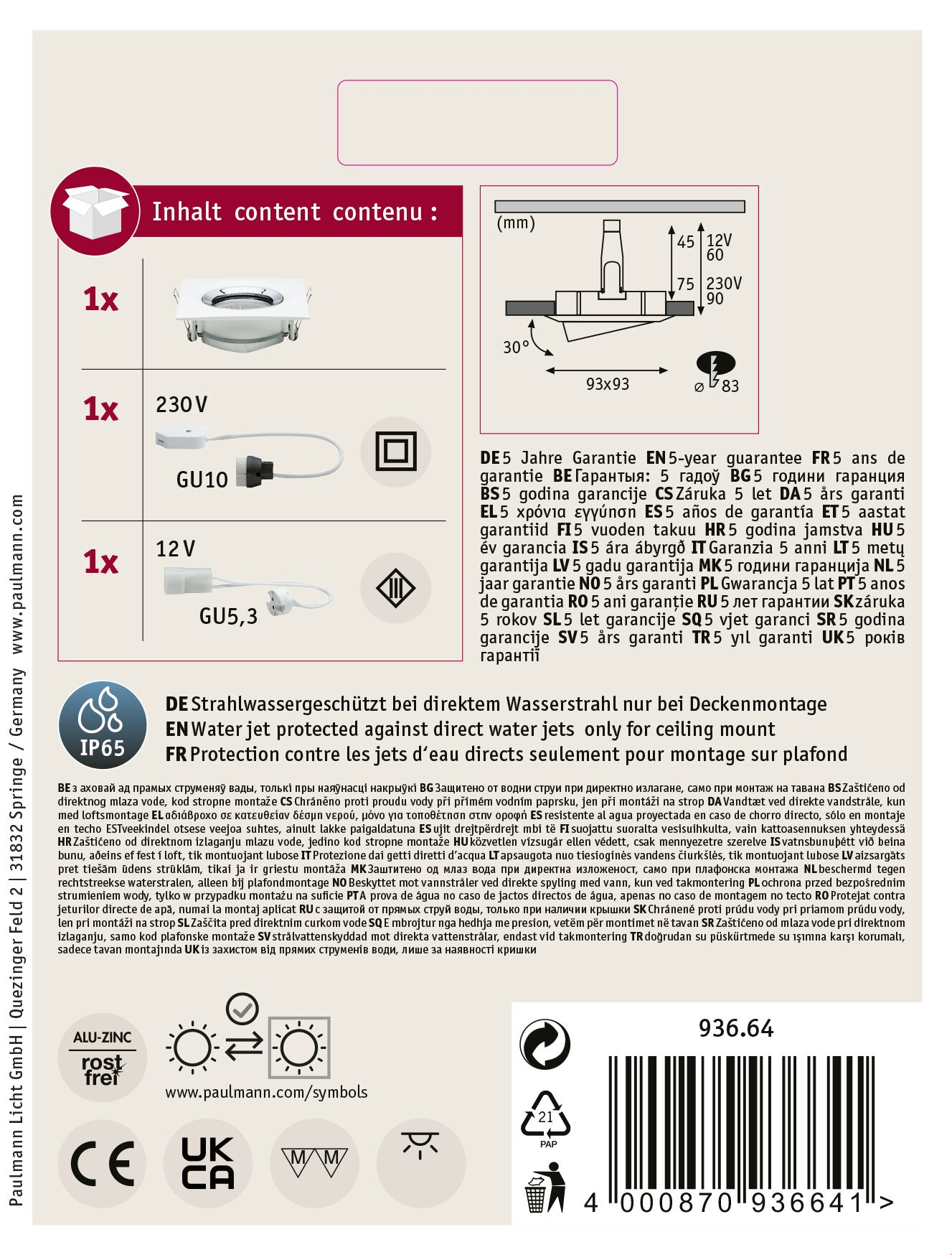Eine weiße Box mit Beleuchtungskomponenten, technischen Zeichnungen und Garantieinformationen.