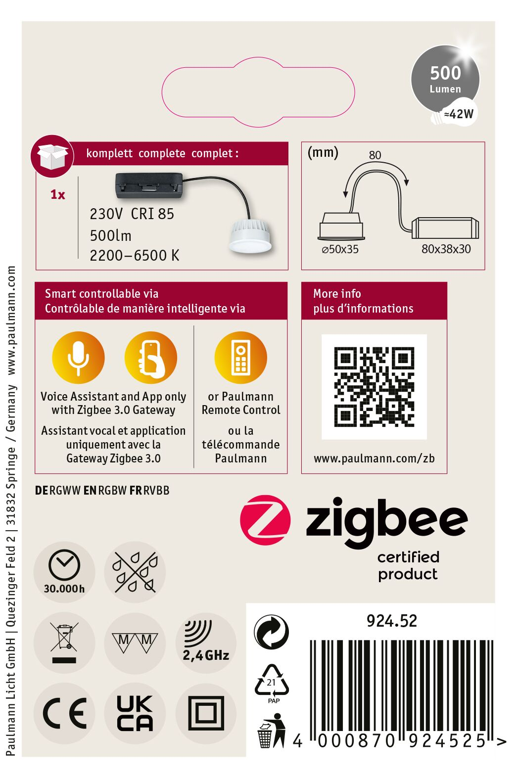 Eine weiß-schwarze Produktbox mit Text und Diagrammen. Enthält eine Leuchte und technische Spezifikationen.